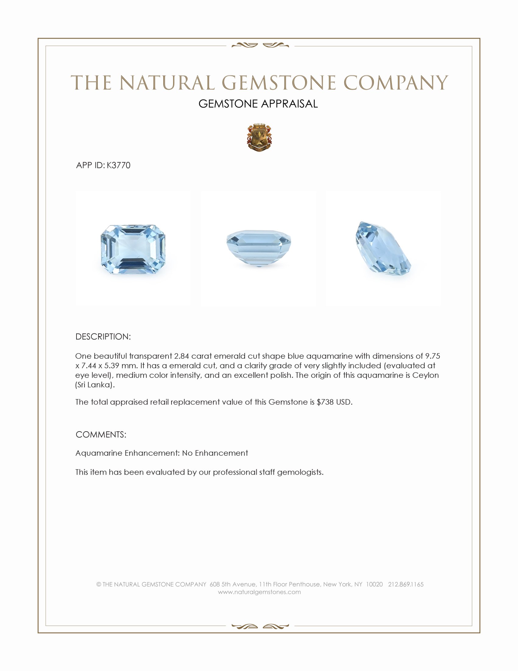 2.84 Ct. Blue Aquamarine from Ceylon (Sri Lanka)