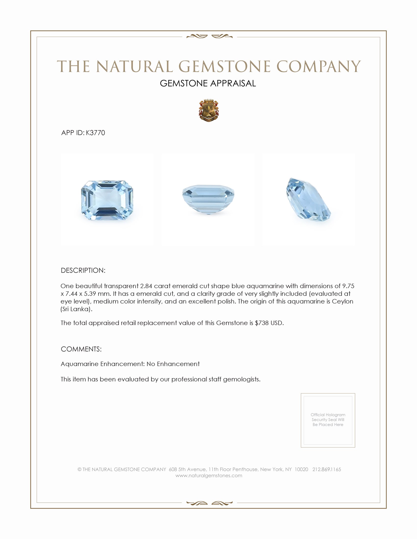 2.84 Ct. Aquamarine from Ceylon (Sri Lanka)