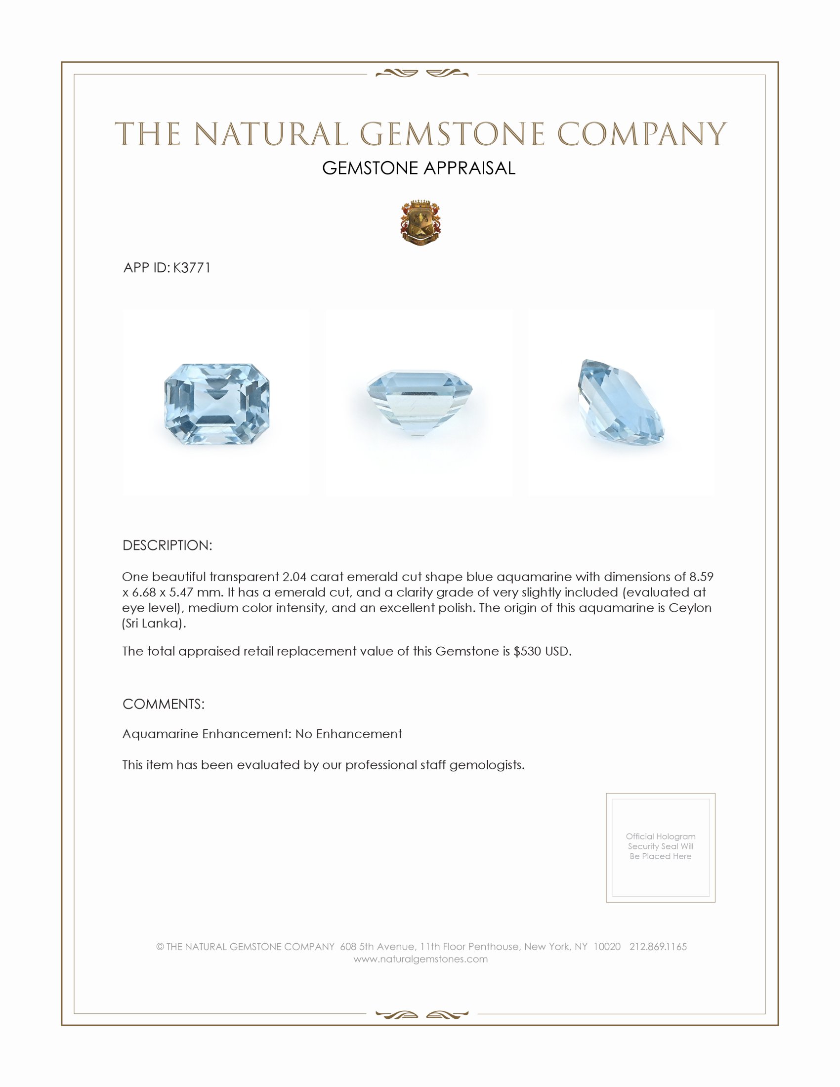 2.04 Ct. Blue Aquamarine from Ceylon (Sri Lanka)