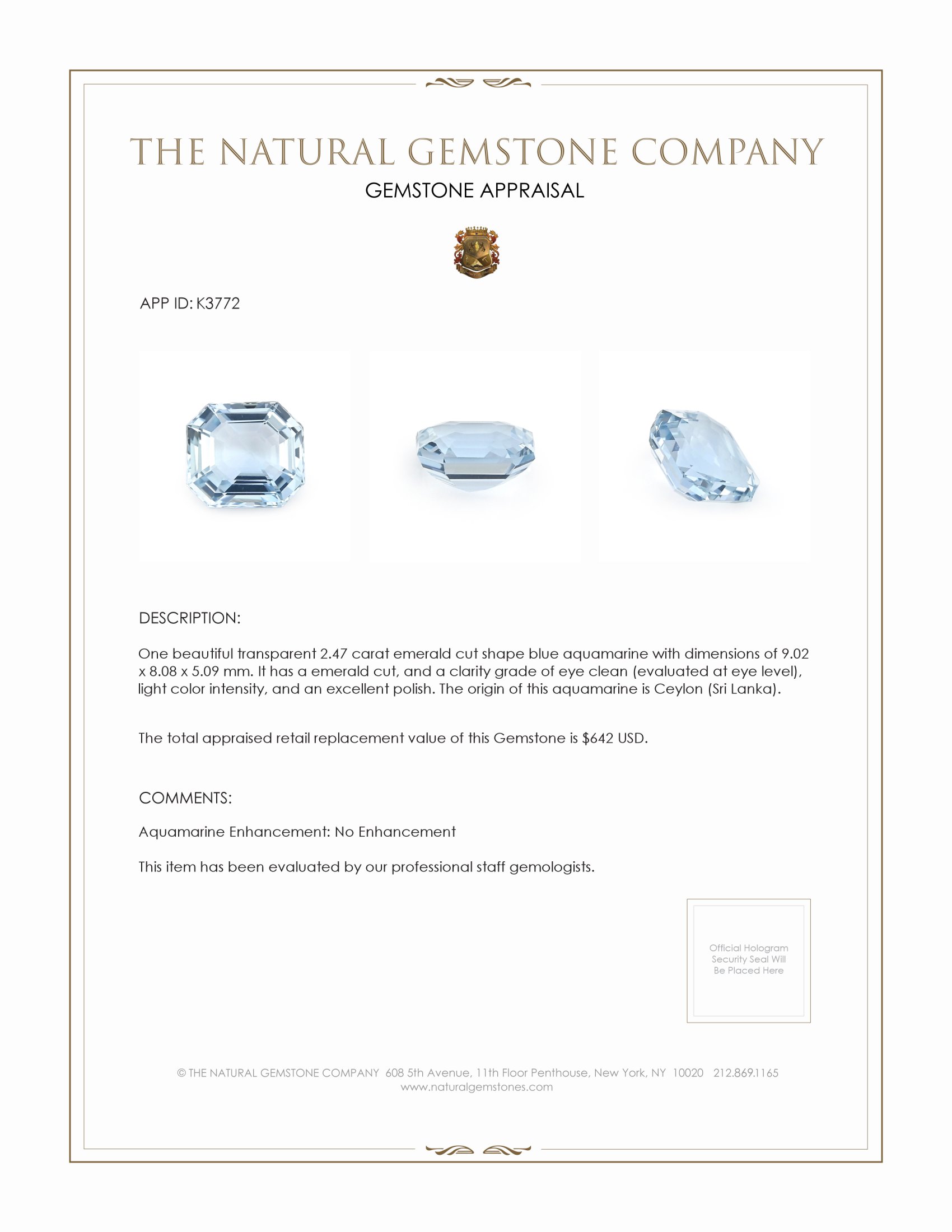 2.47 Ct. Aquamarine from Ceylon (Sri Lanka)