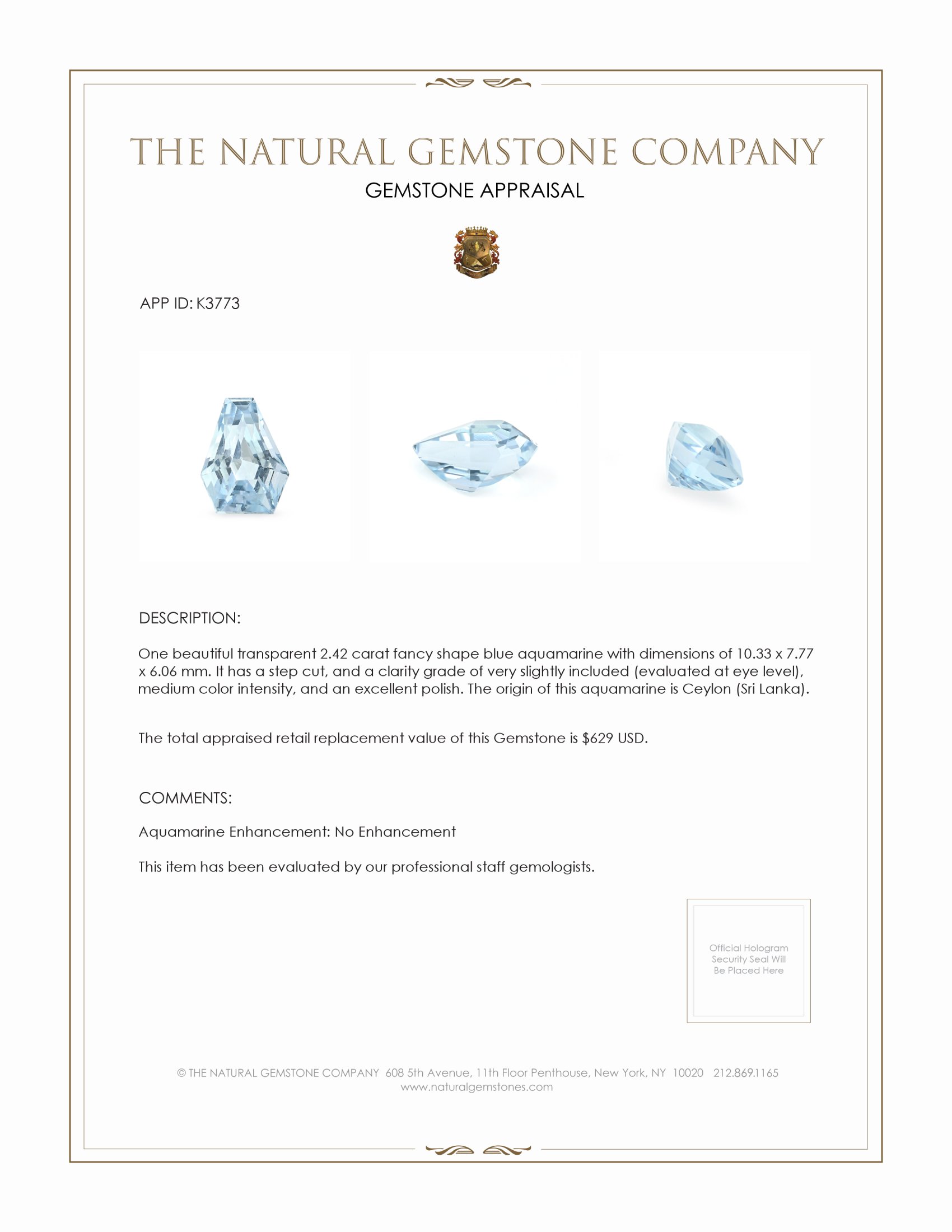 2.42 Ct. Aquamarine from Ceylon (Sri Lanka)