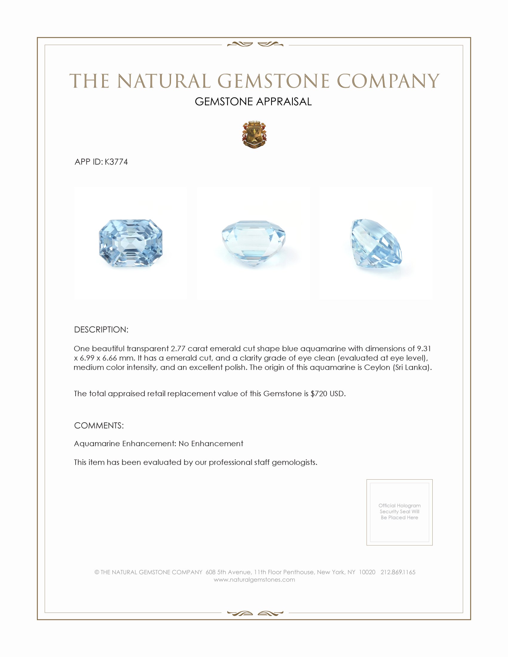 2.77 Ct. Aquamarine from Ceylon (Sri Lanka)