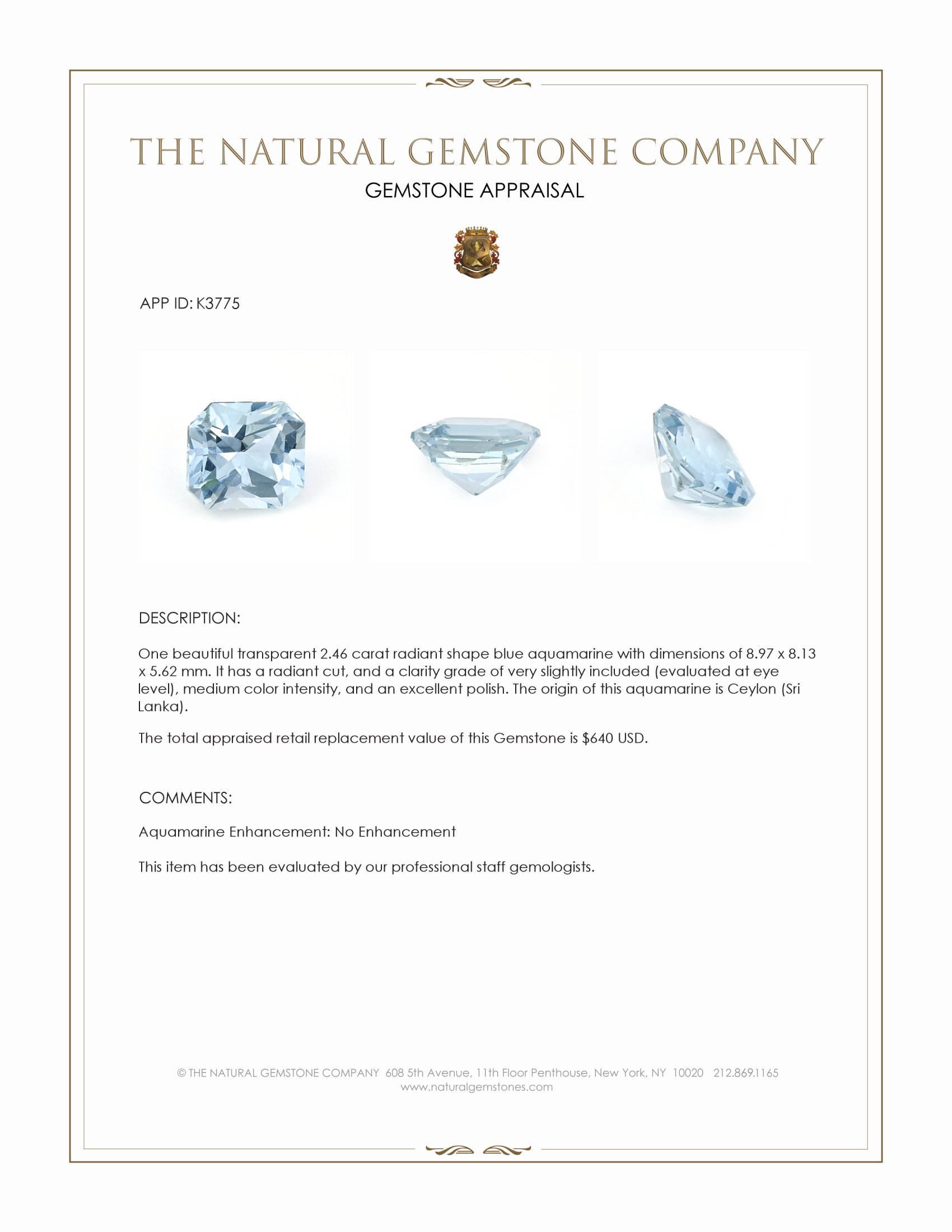 2.46 Ct. Blue Aquamarine from Ceylon (Sri Lanka)