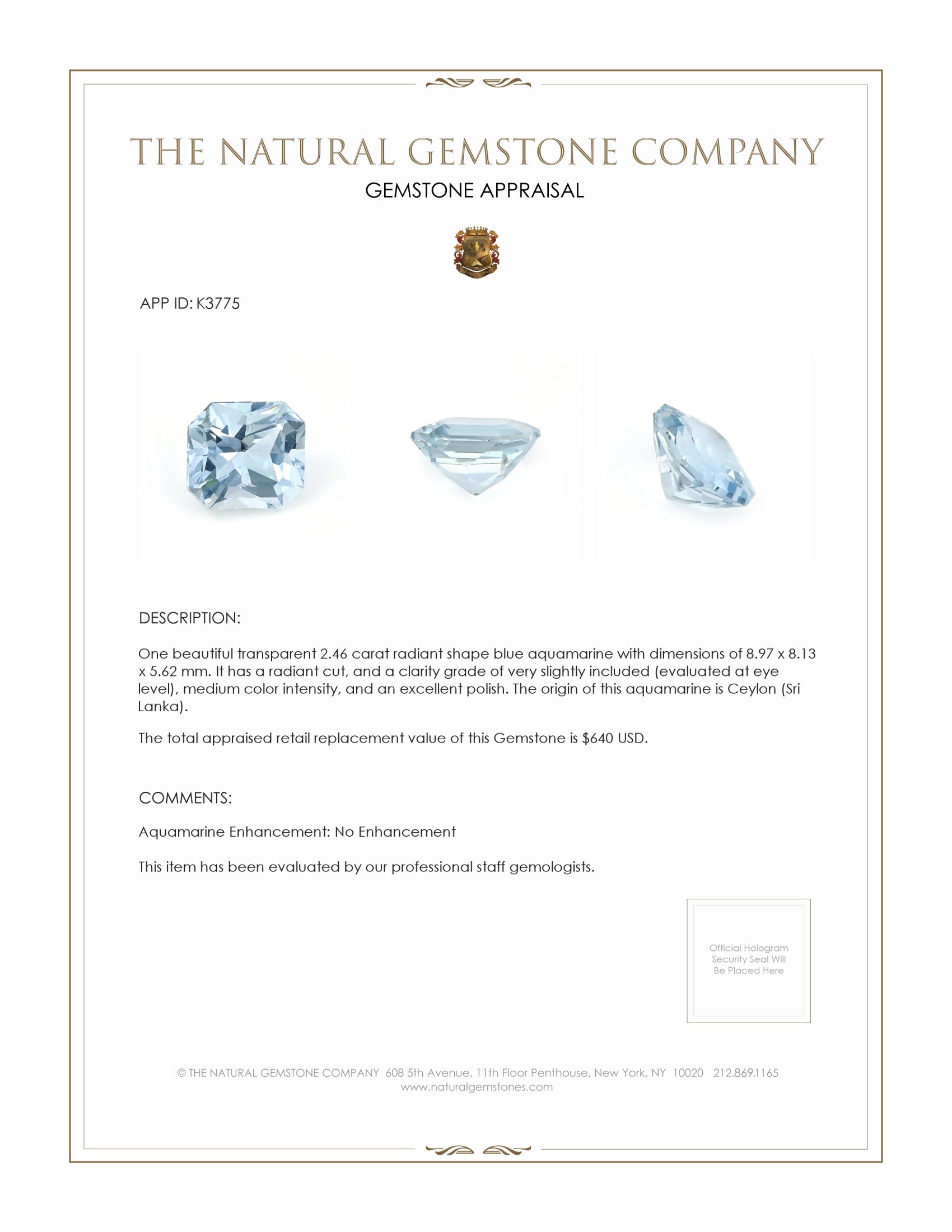 2.46 Ct. Aquamarine from Ceylon (Sri Lanka)