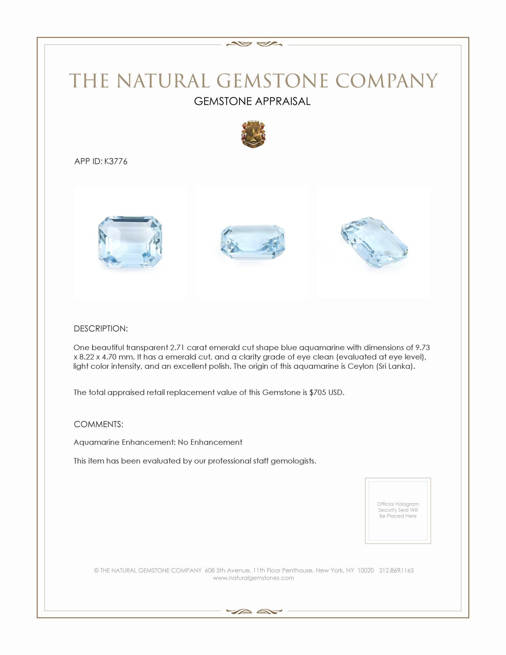 2.71 Ct. Aquamarine from Ceylon (Sri Lanka)