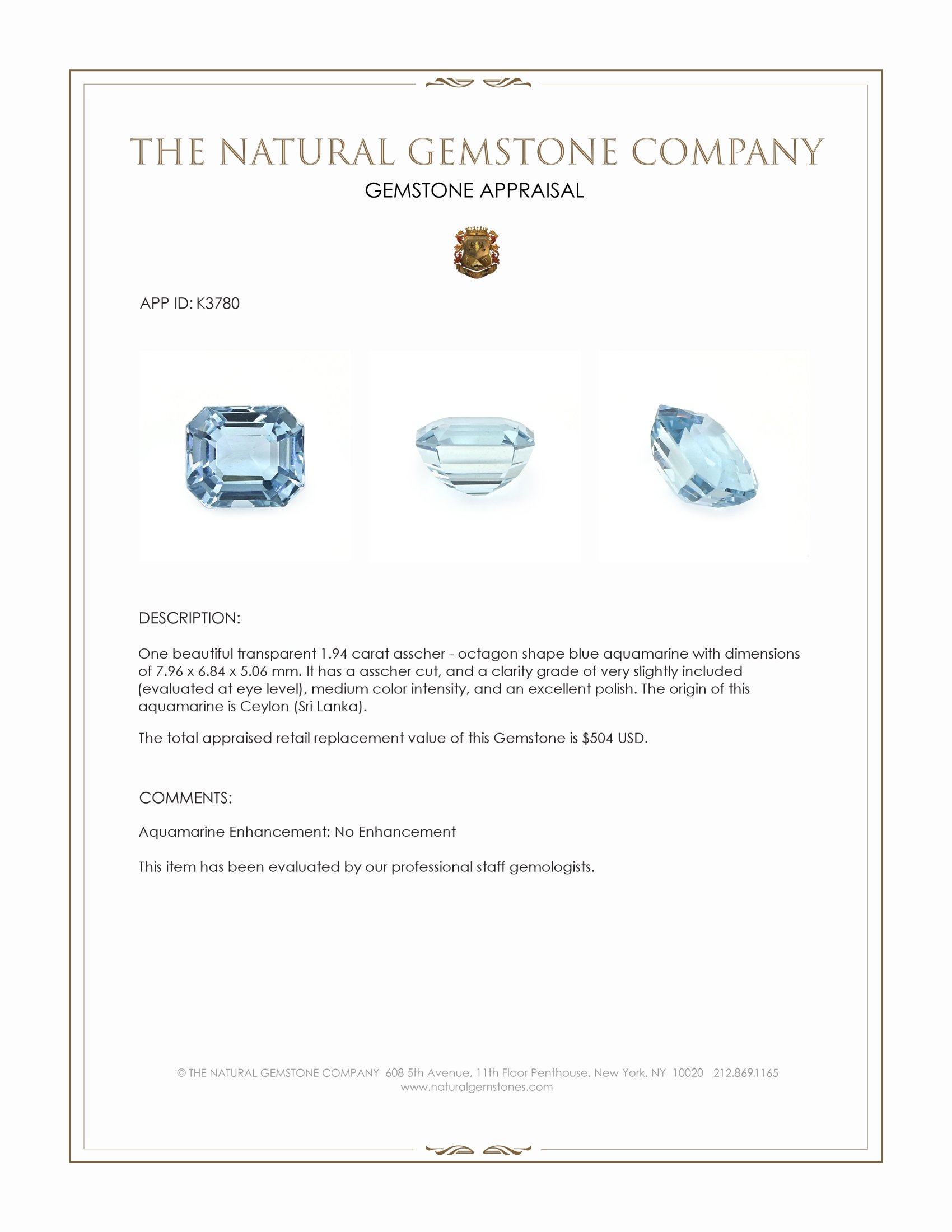 1.94 Ct. Blue Aquamarine from Ceylon (Sri Lanka)