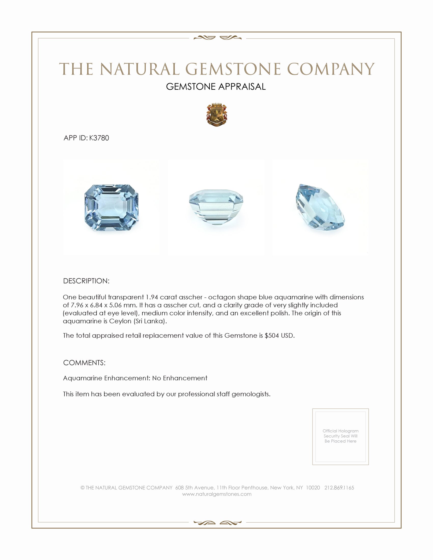 1.94 Ct. Aquamarine from Ceylon (Sri Lanka)