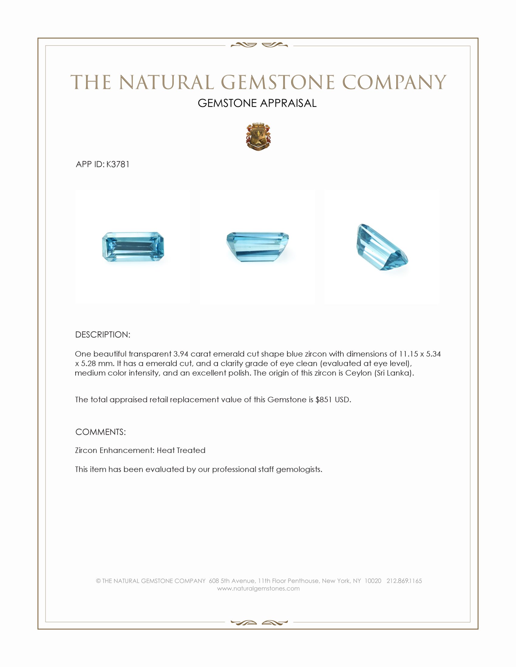 3.94 Ct. Blue Zircon from Ceylon (Sri Lanka)