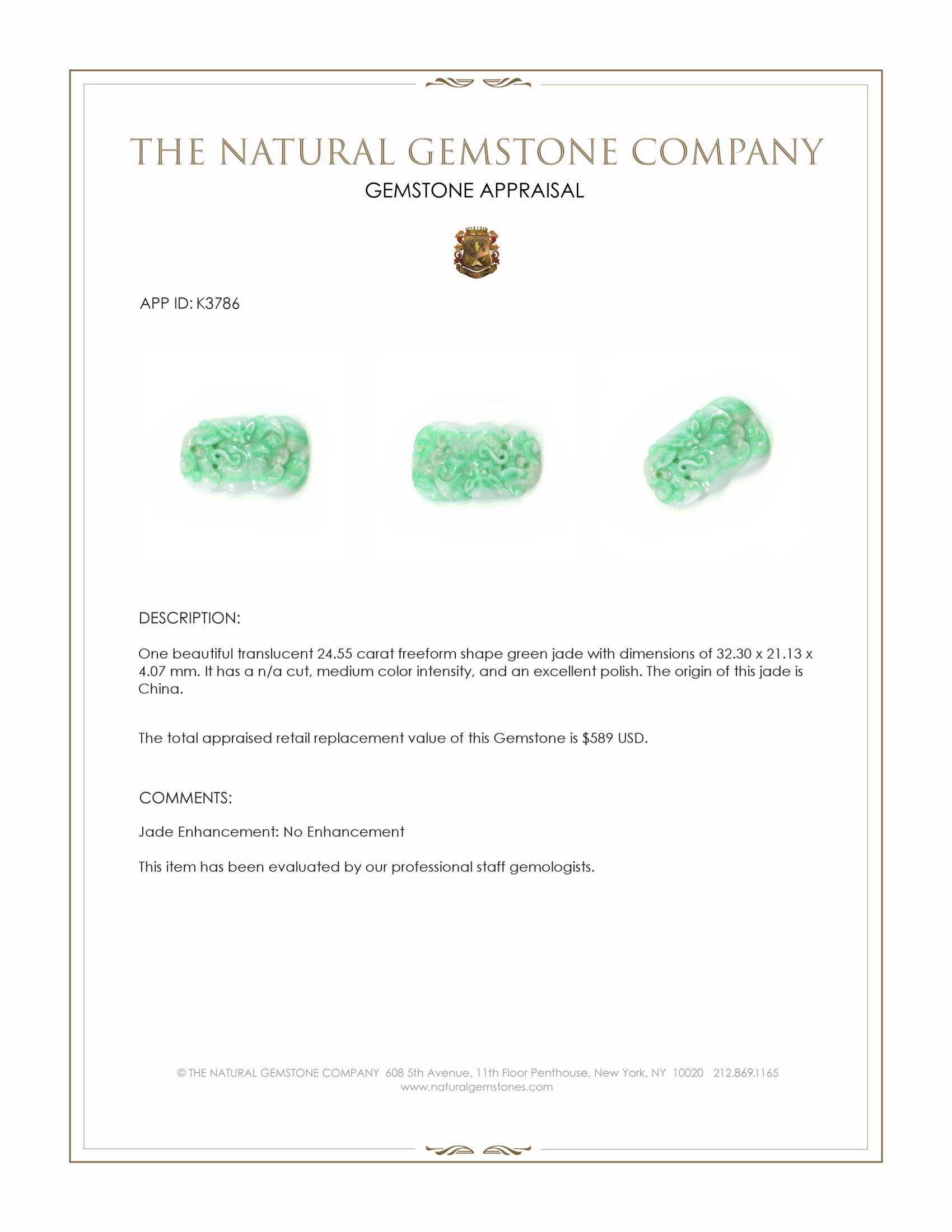 24.55 Ct. Green Jade from China
