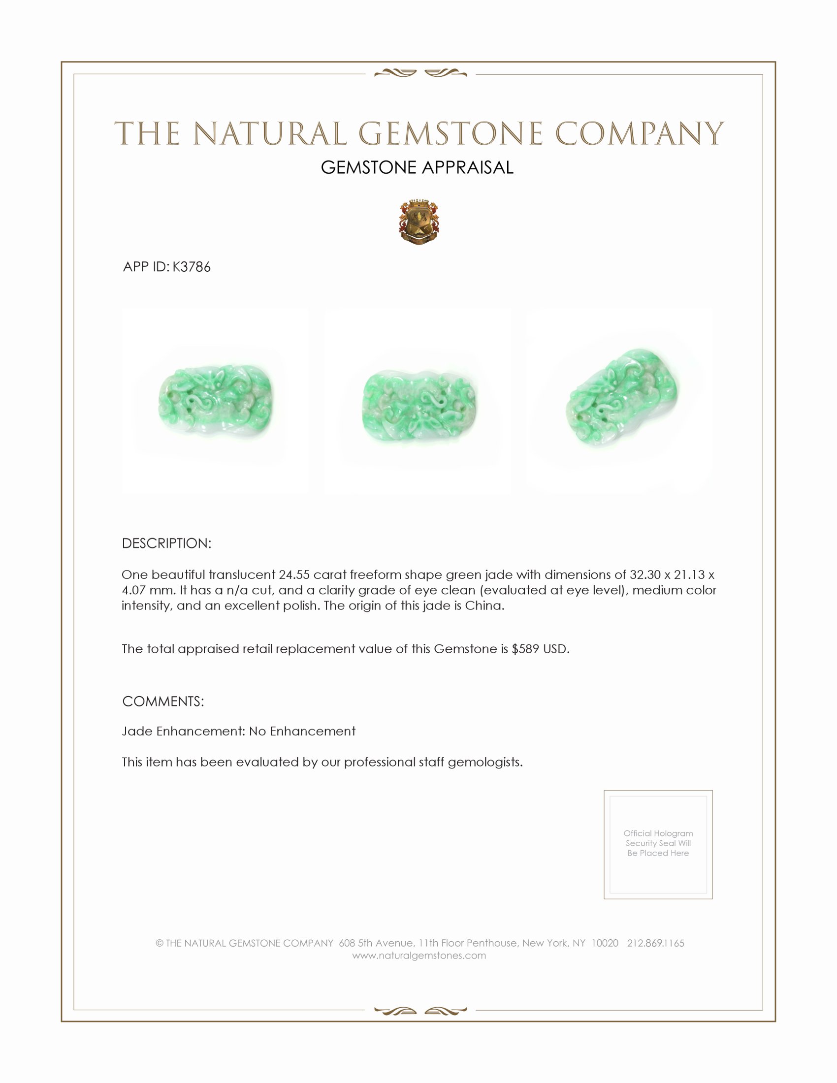 24.55 Ct. Jade from China