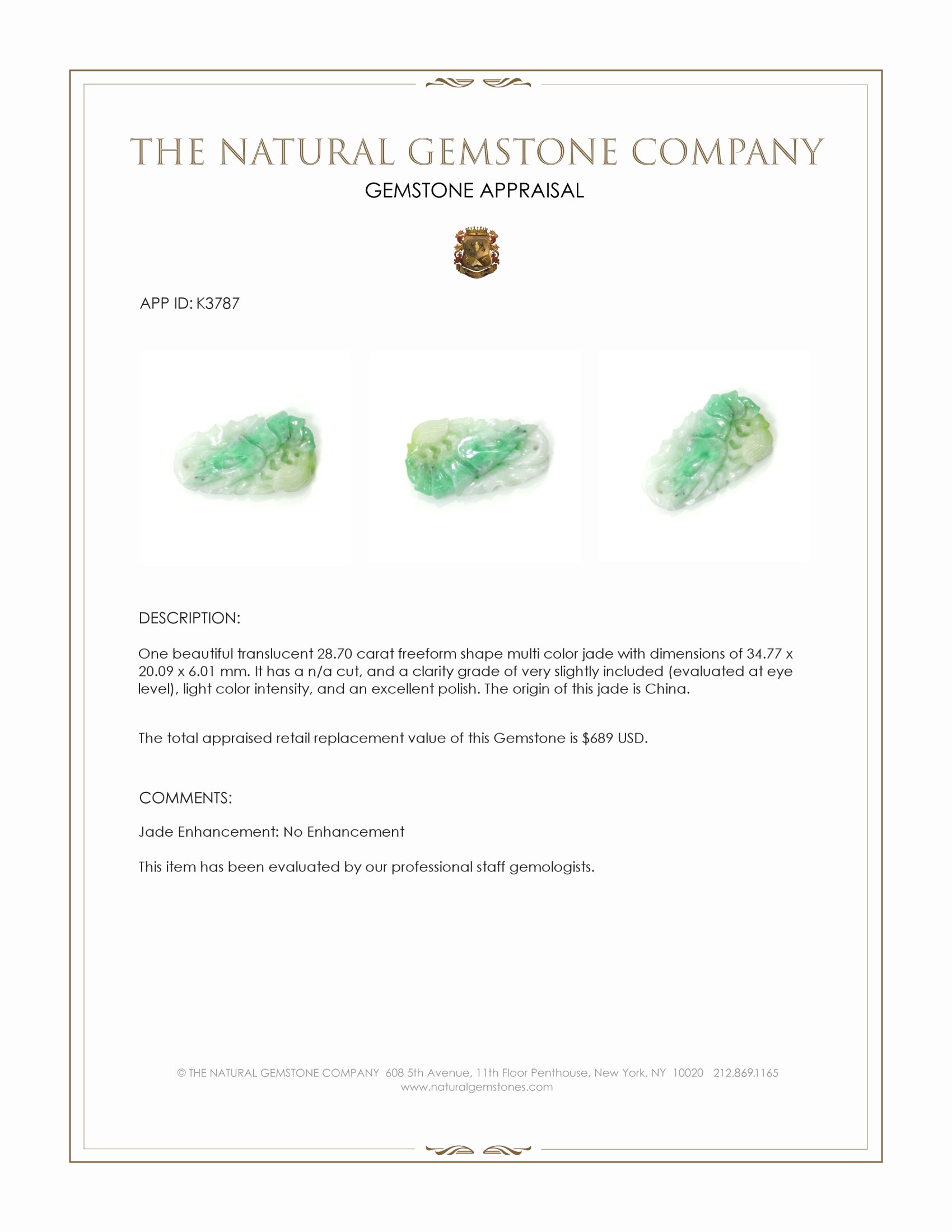 28.70 Ct. Jade from China