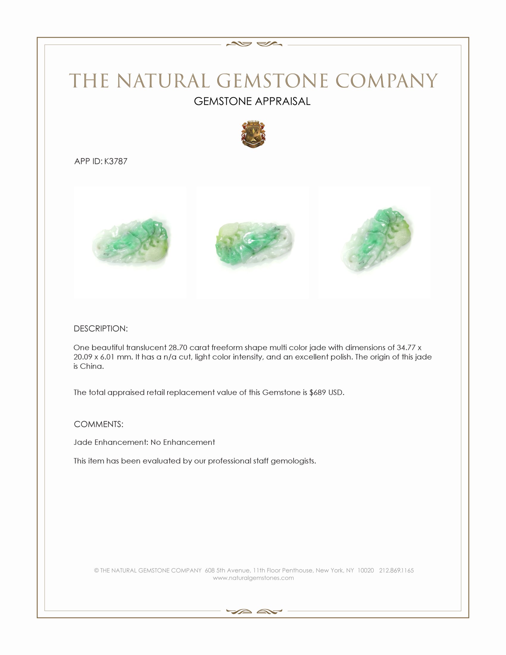 28.70 Ct. Multi Color Jade from China