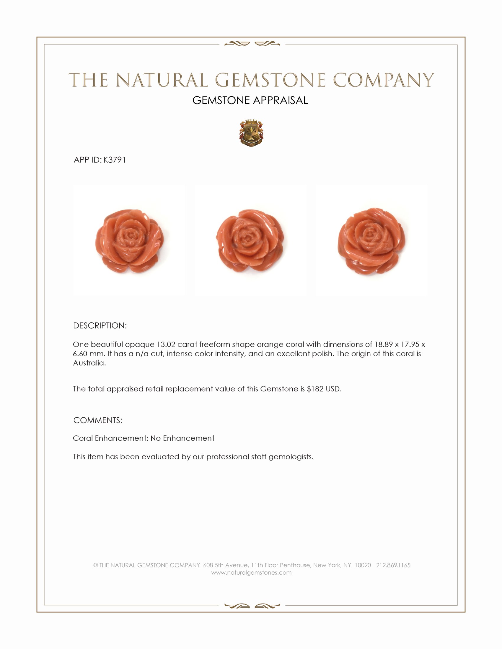 13.02 Ct. Salmon (Orange) Coral from Australia