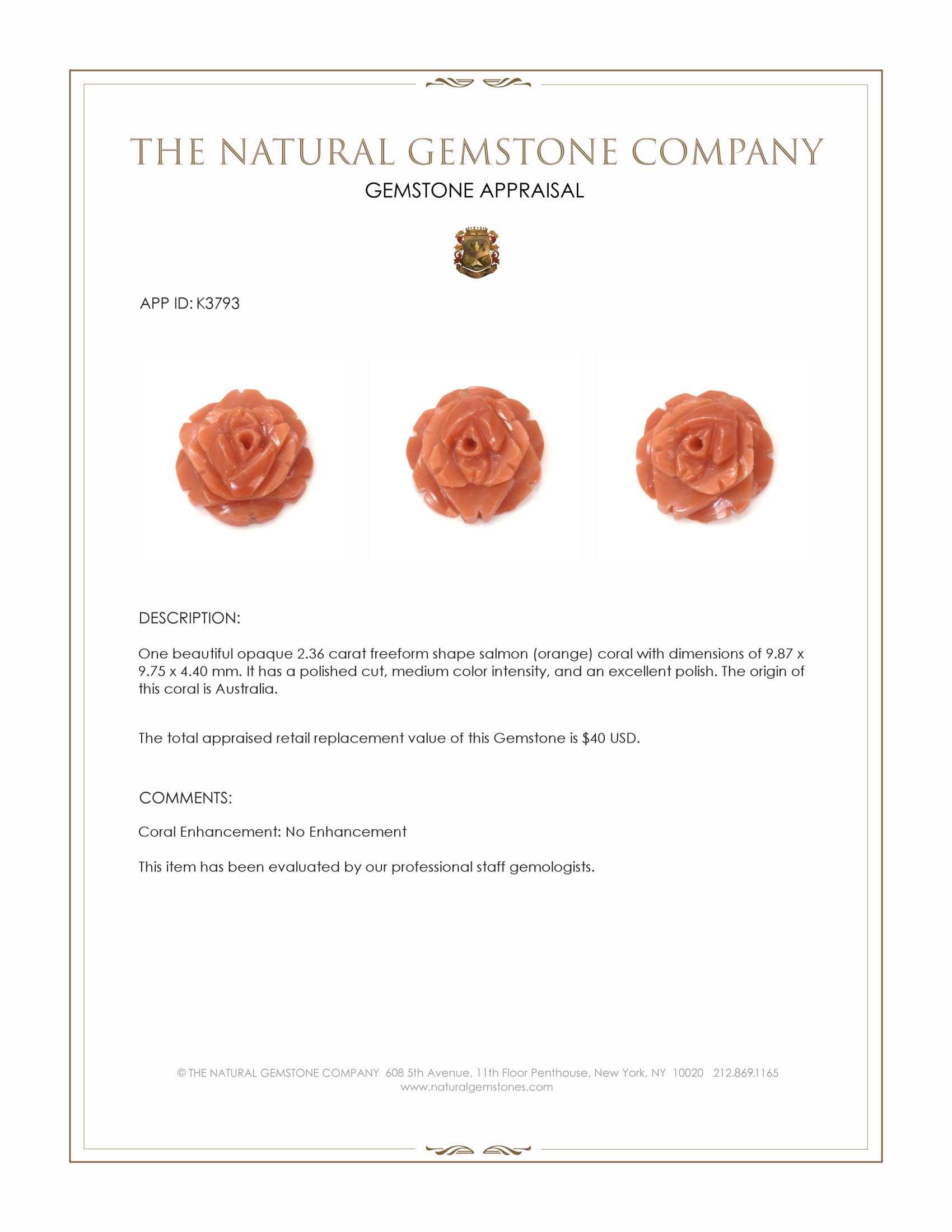 2.36 Ct. Salmon (Orange) Coral from Australia