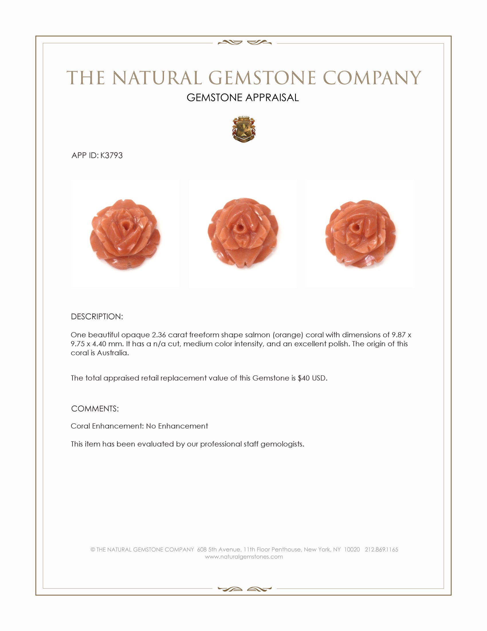 2.36 Ct. Salmon (Orange) Coral from Australia