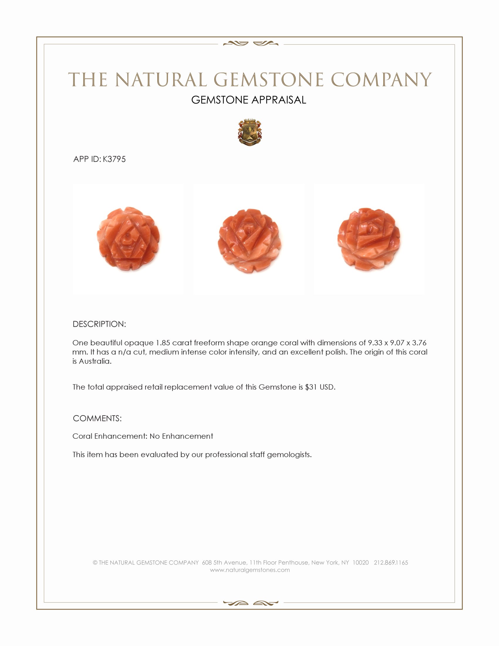 1.85 Ct. Coral from Australia