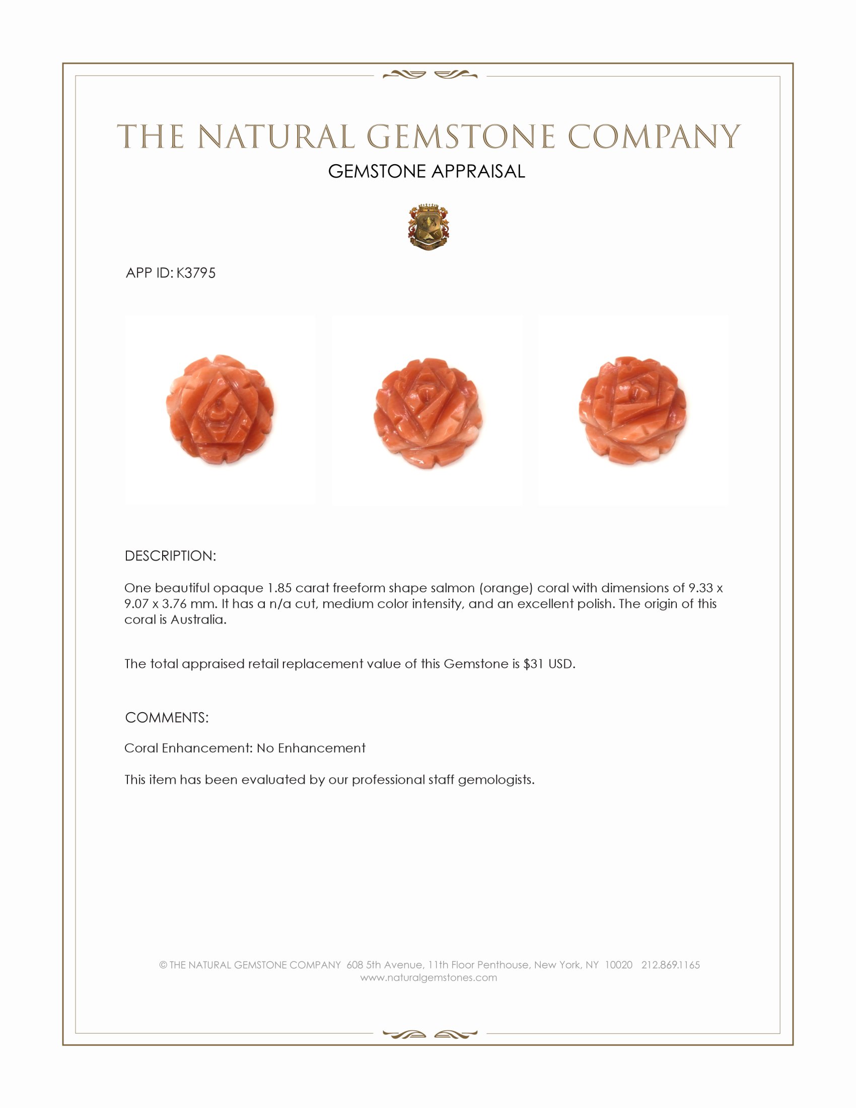 1.85 Ct. Salmon (Orange) Coral from Australia