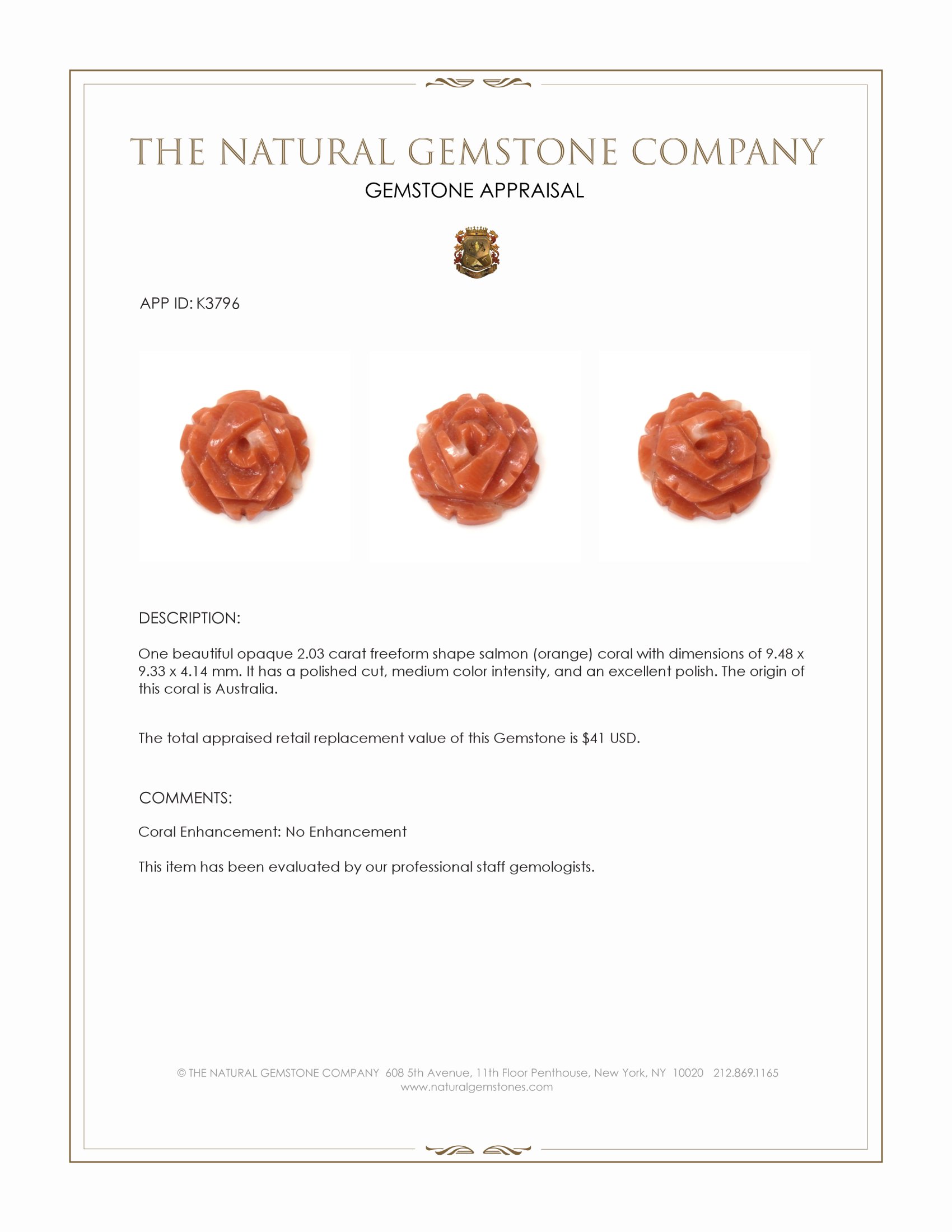 2.03 Ct. Salmon (Orange) Coral from Australia