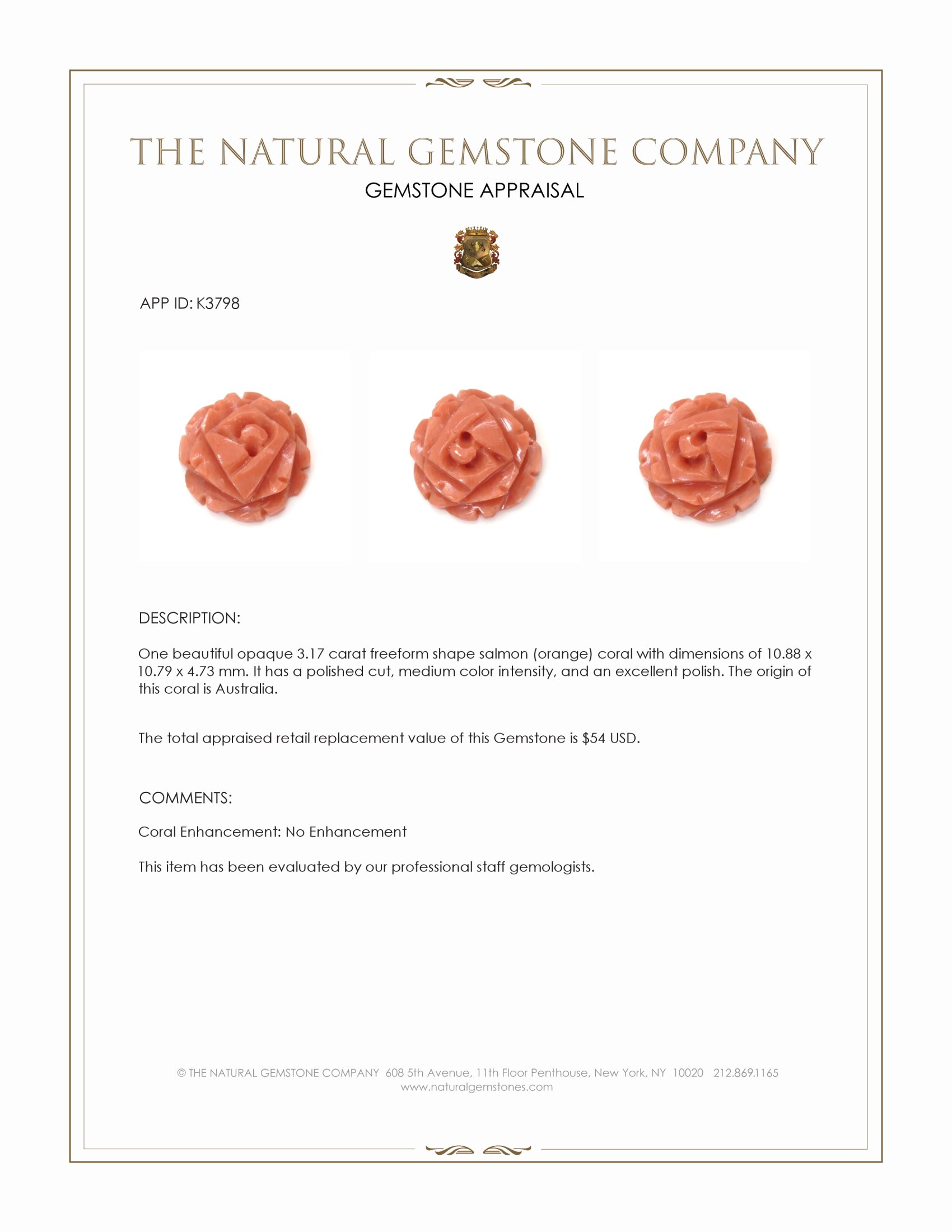 3.17 Ct. Salmon (Orange) Coral from Australia