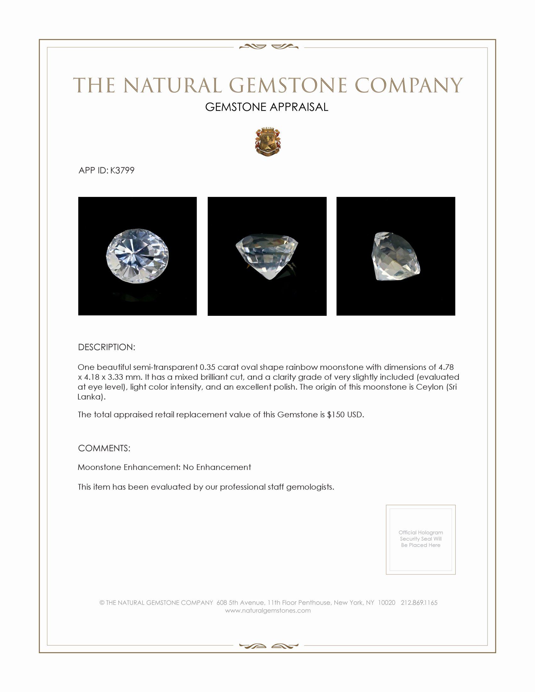 0.35 Ct. Moonstone from Ceylon (Sri Lanka)