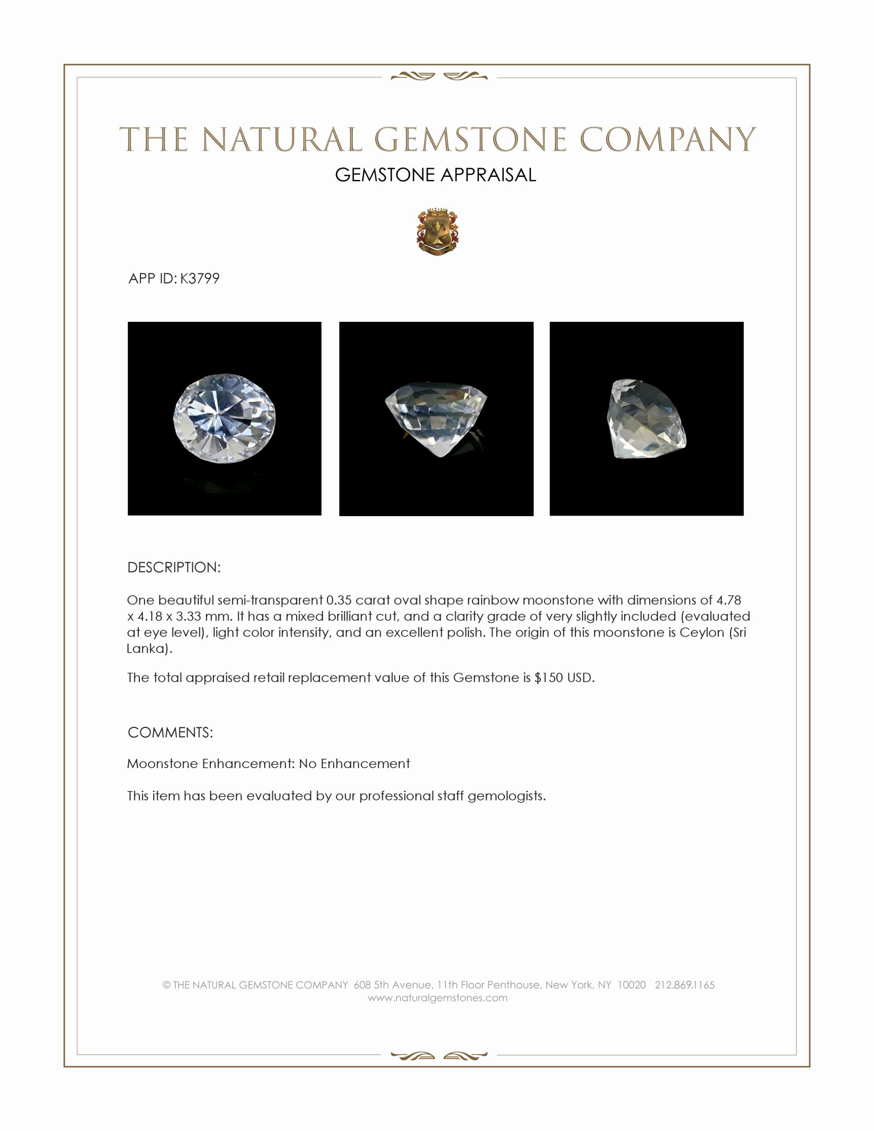 0.35 Ct. Moonstone from Ceylon (Sri Lanka)