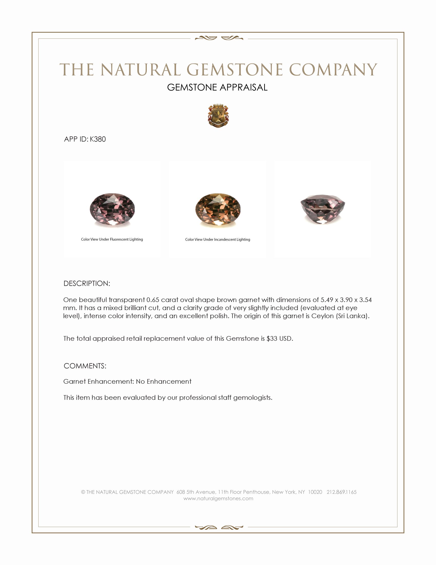 0.65 Ct. Brown Garnet from Ceylon (Sri Lanka)