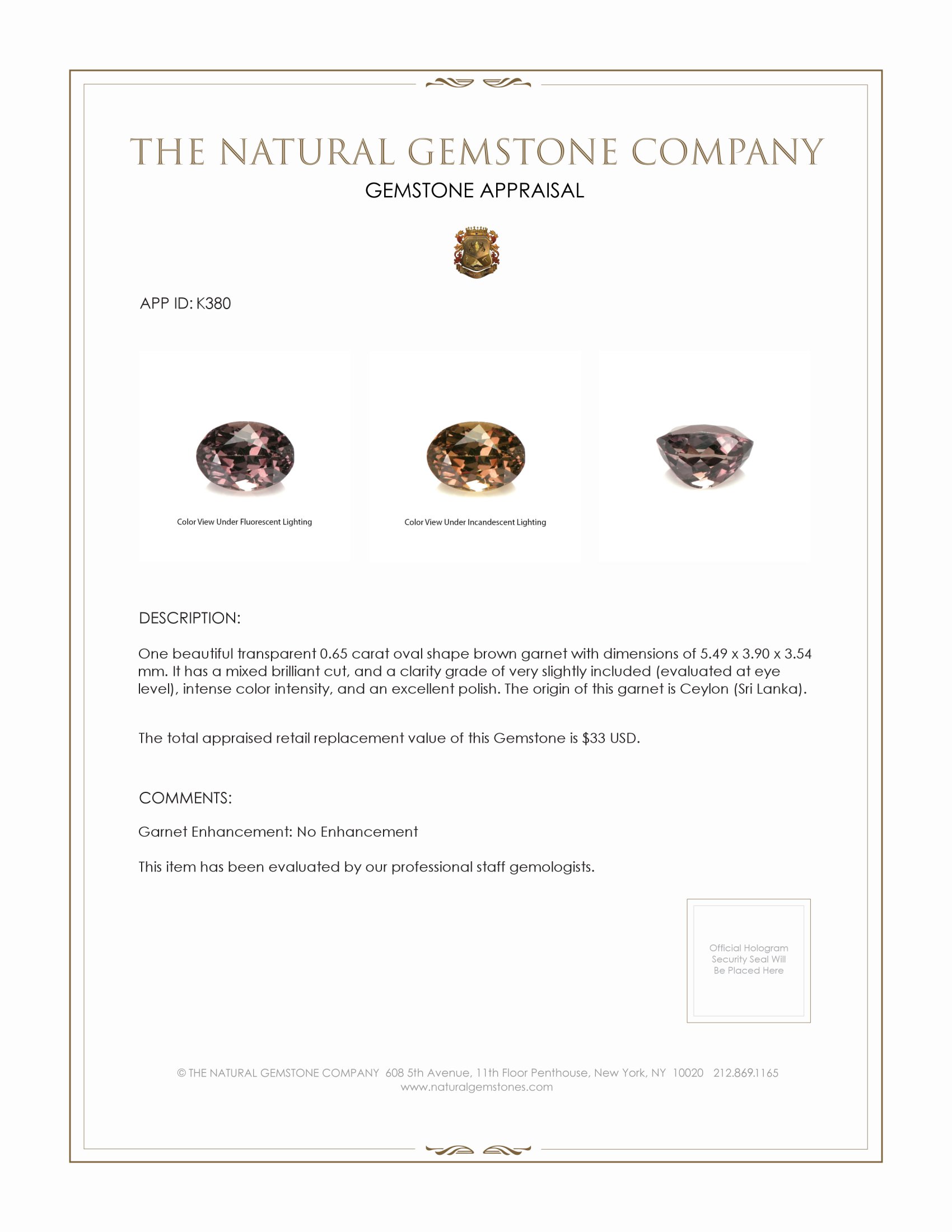 0.65 Ct. Garnet from Ceylon (Sri Lanka)