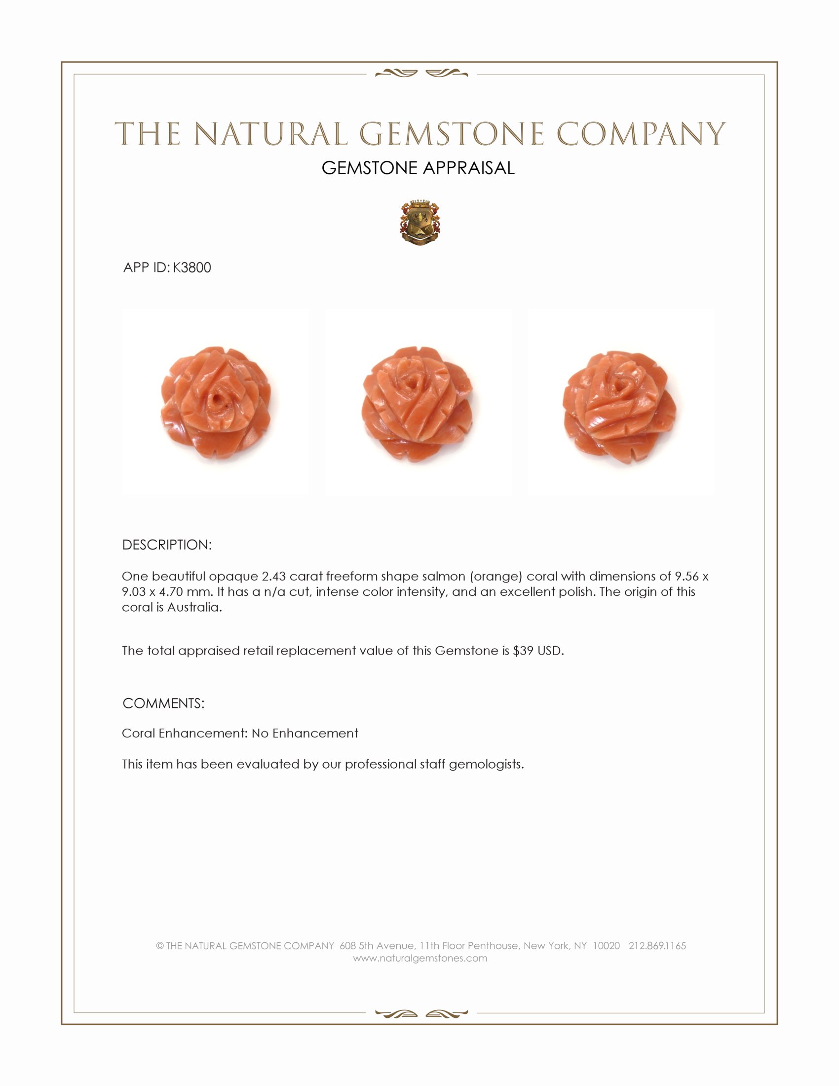 2.43 Ct. Salmon (Orange) Coral from Australia