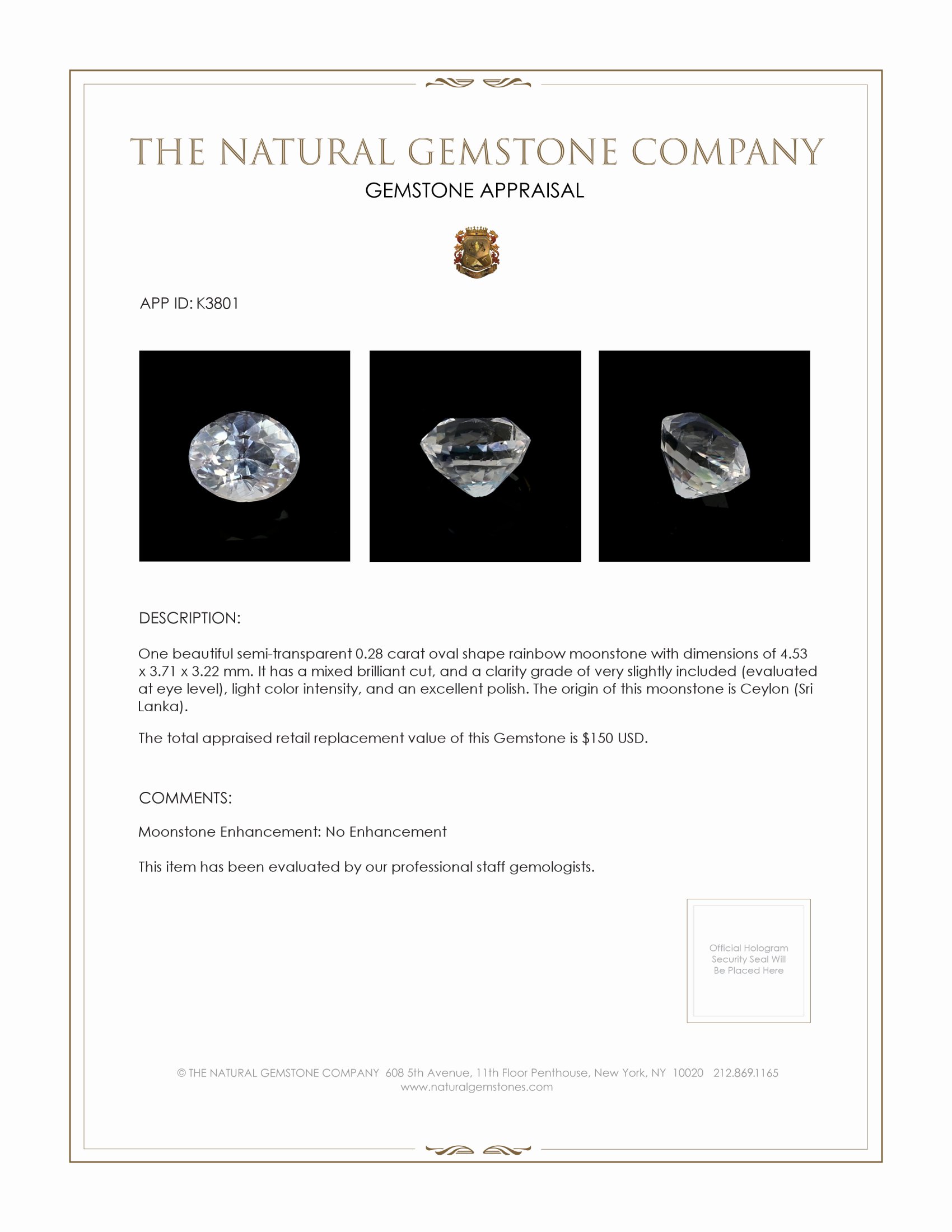 0.28 Ct. Moonstone from Ceylon (Sri Lanka)