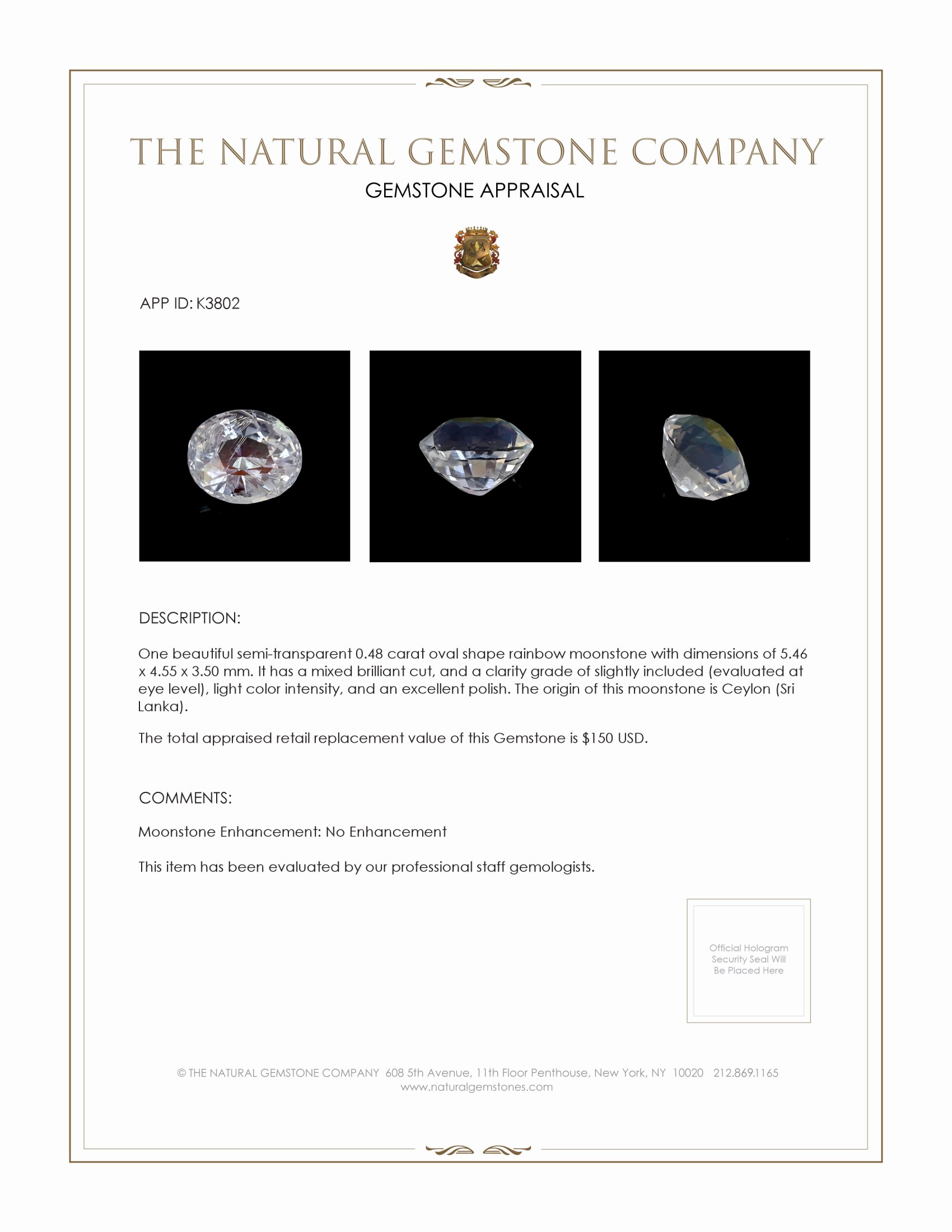0.48 Ct. Moonstone from Ceylon (Sri Lanka)