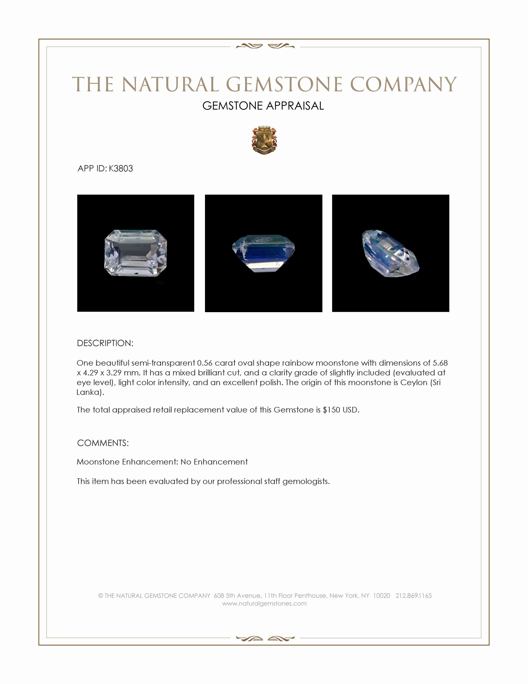 0.56 Ct. Moonstone from Ceylon (Sri Lanka)