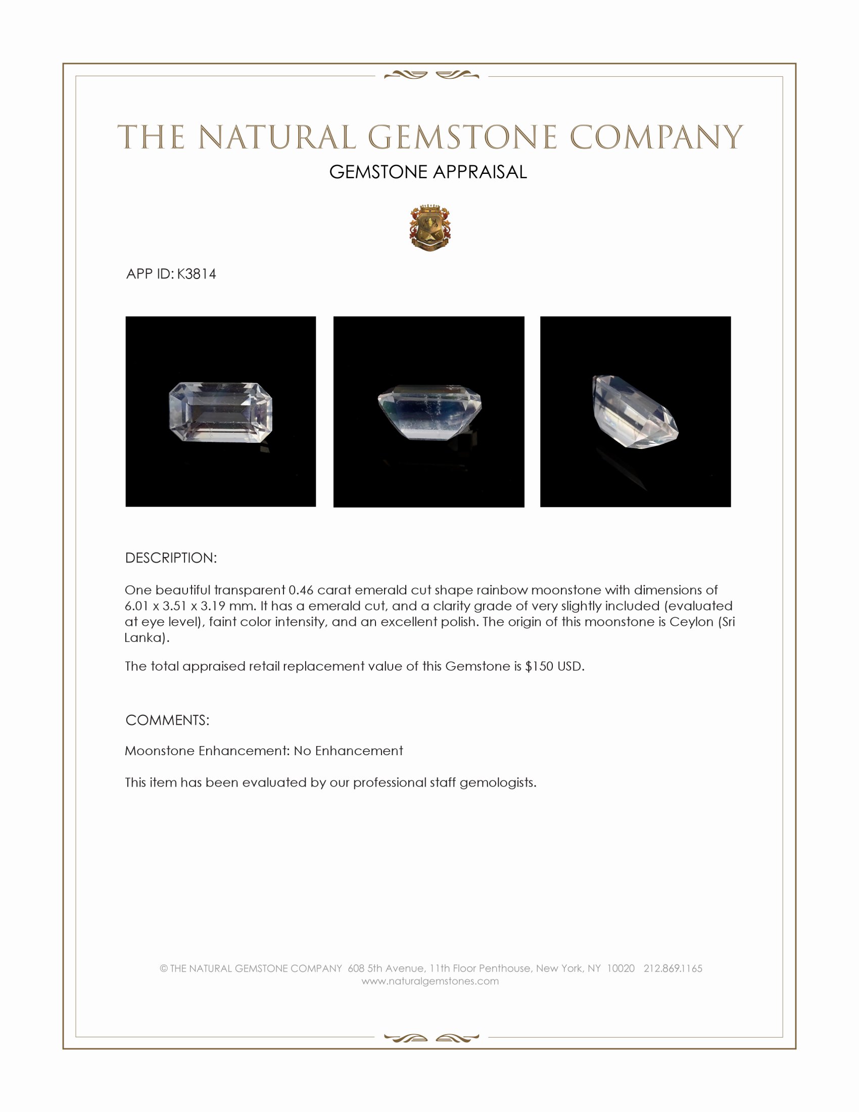 0.46 Ct. Rainbow Moonstone from Ceylon (Sri Lanka)