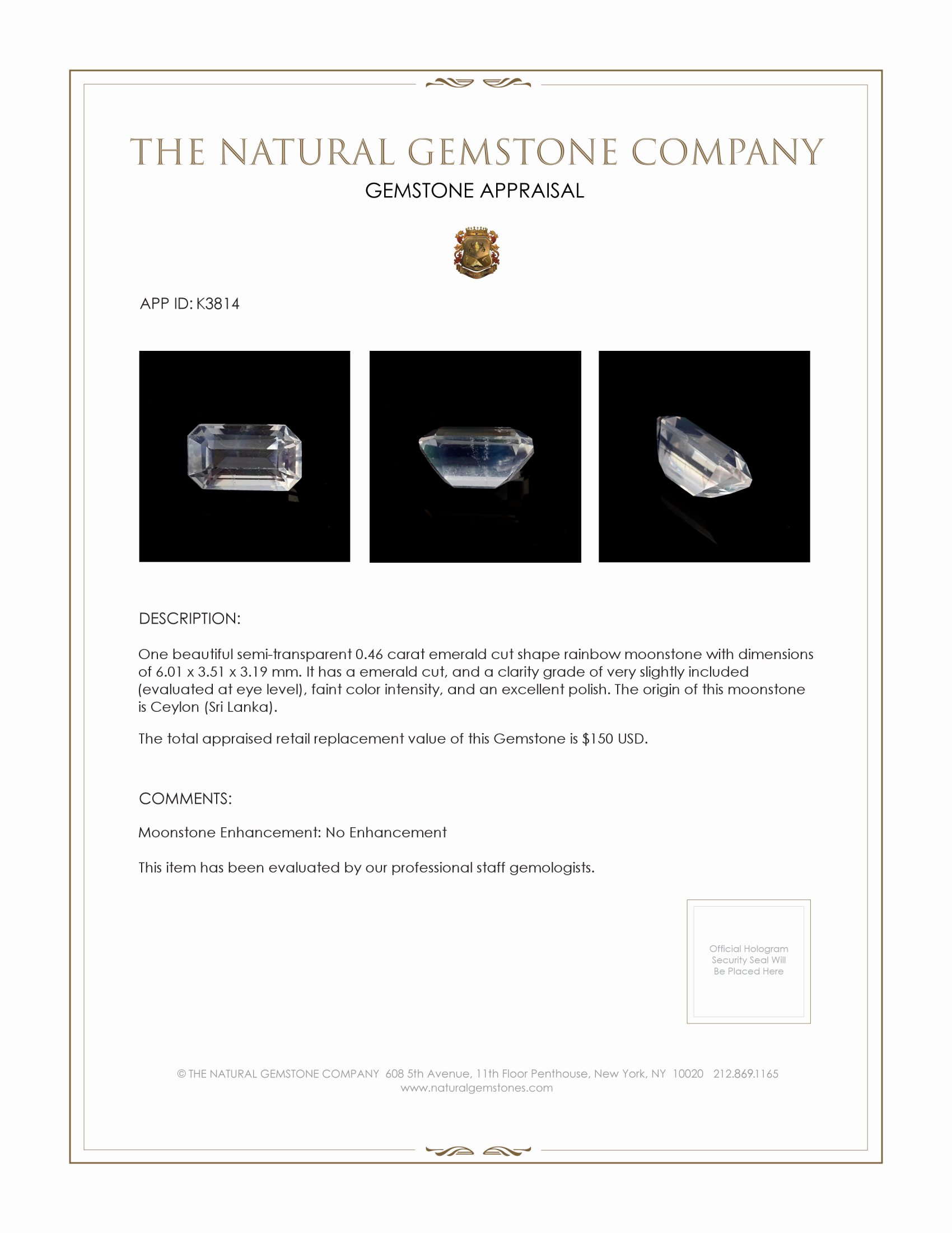 0.46 Ct. Moonstone from Ceylon (Sri Lanka)