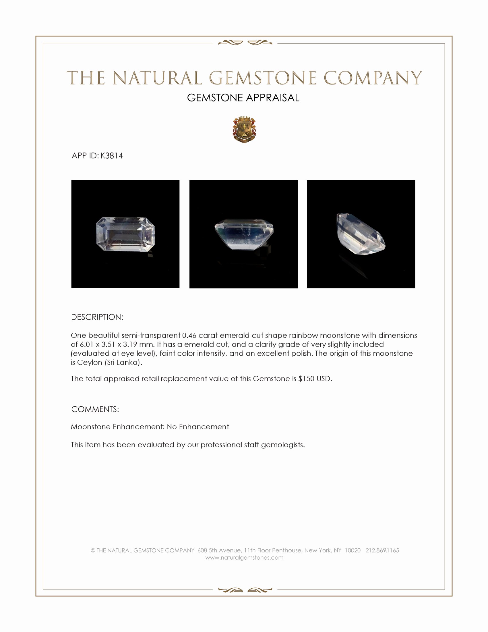 0.46 Ct. Moonstone from Ceylon (Sri Lanka)