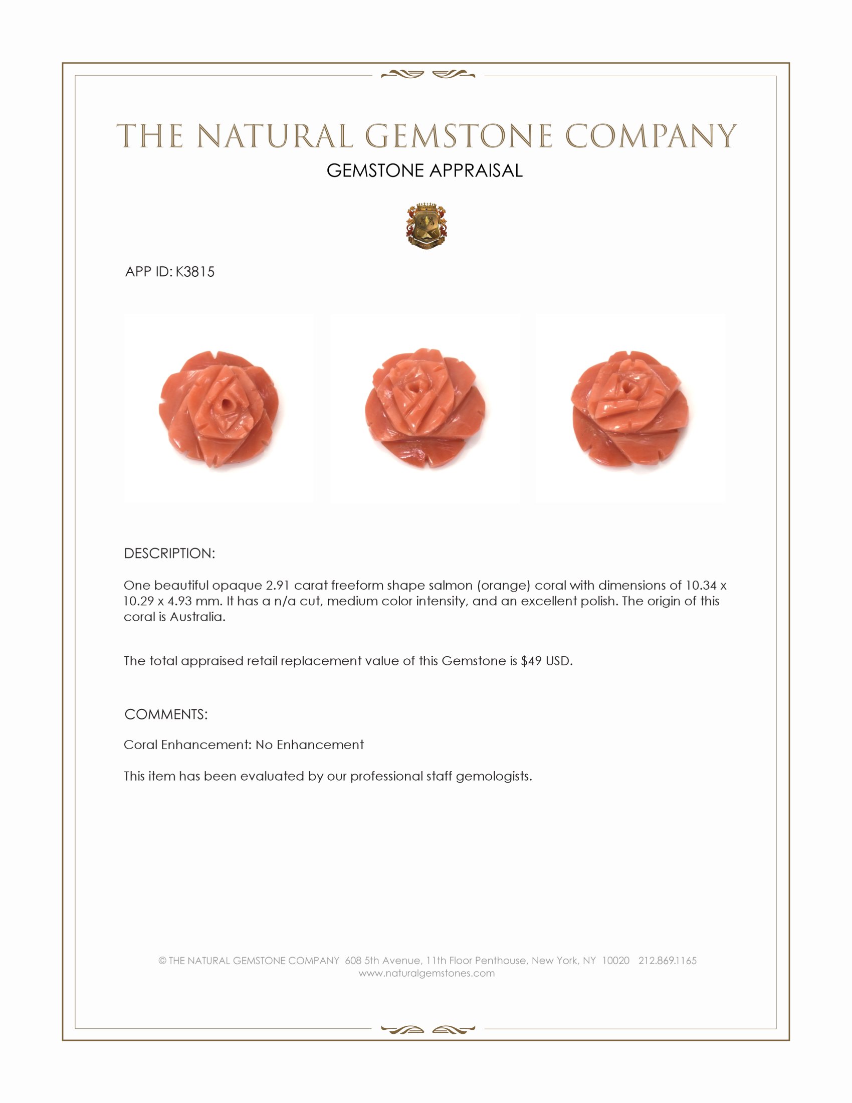 2.91 Ct. Salmon (Orange) Coral from Australia