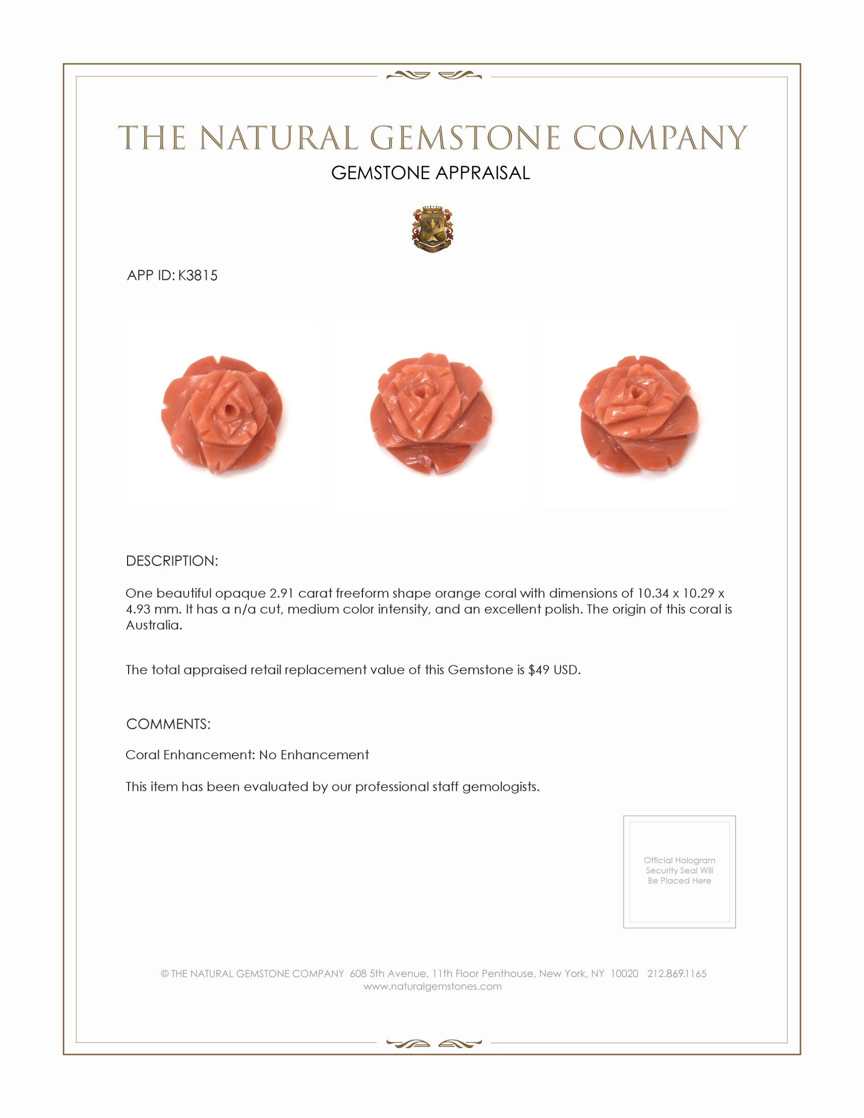 2.91 Ct. Coral from Australia