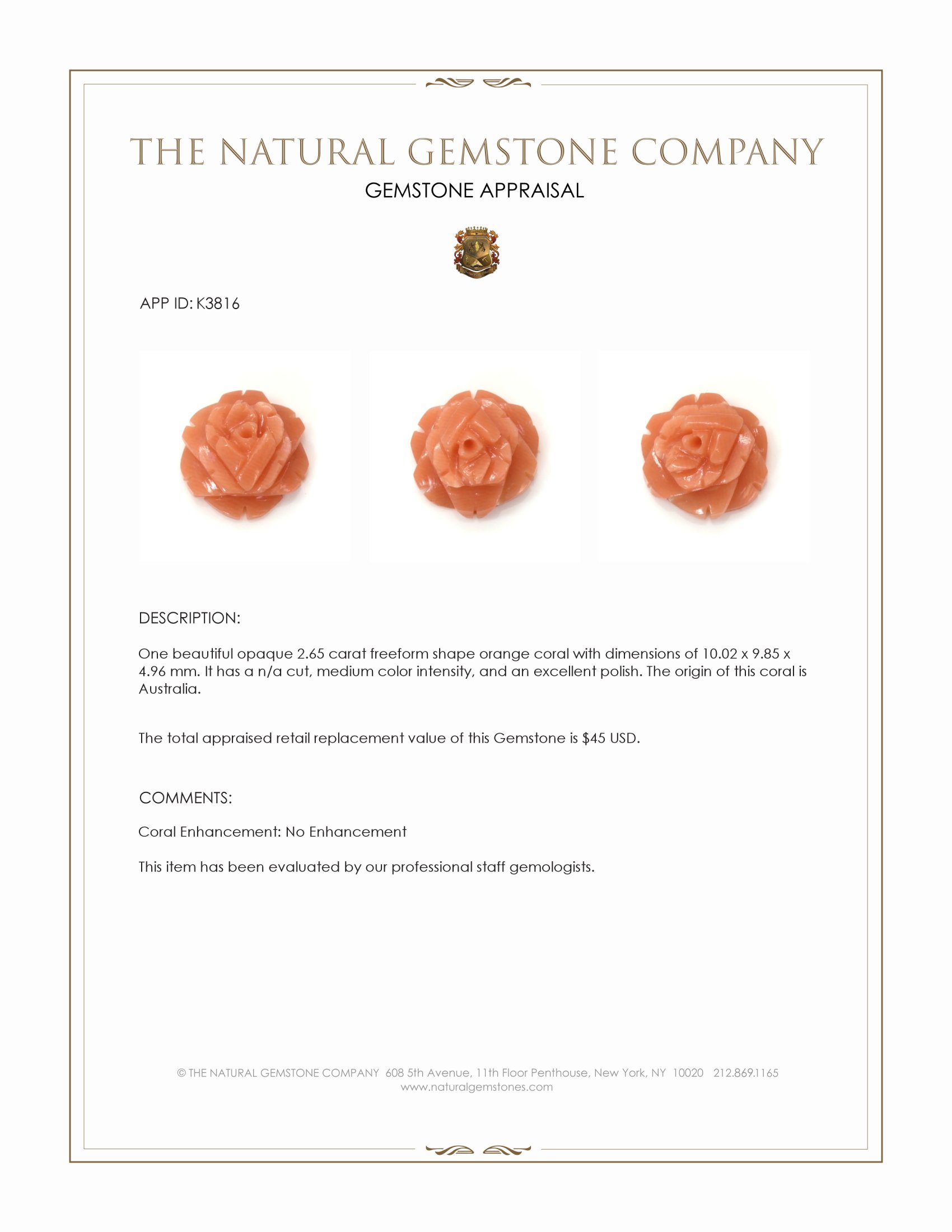 2.65 Ct. Coral from Australia