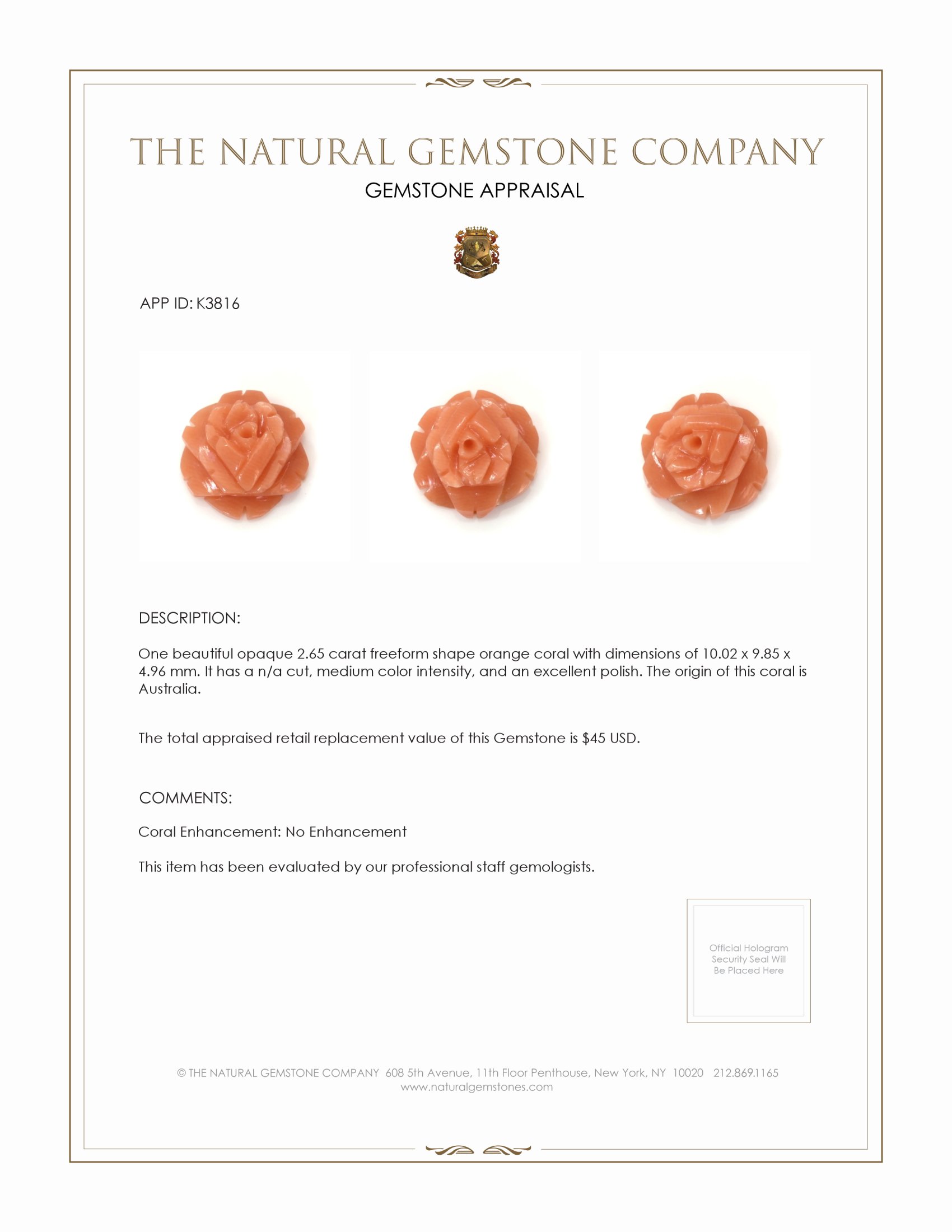 2.65 Ct. Coral from Australia