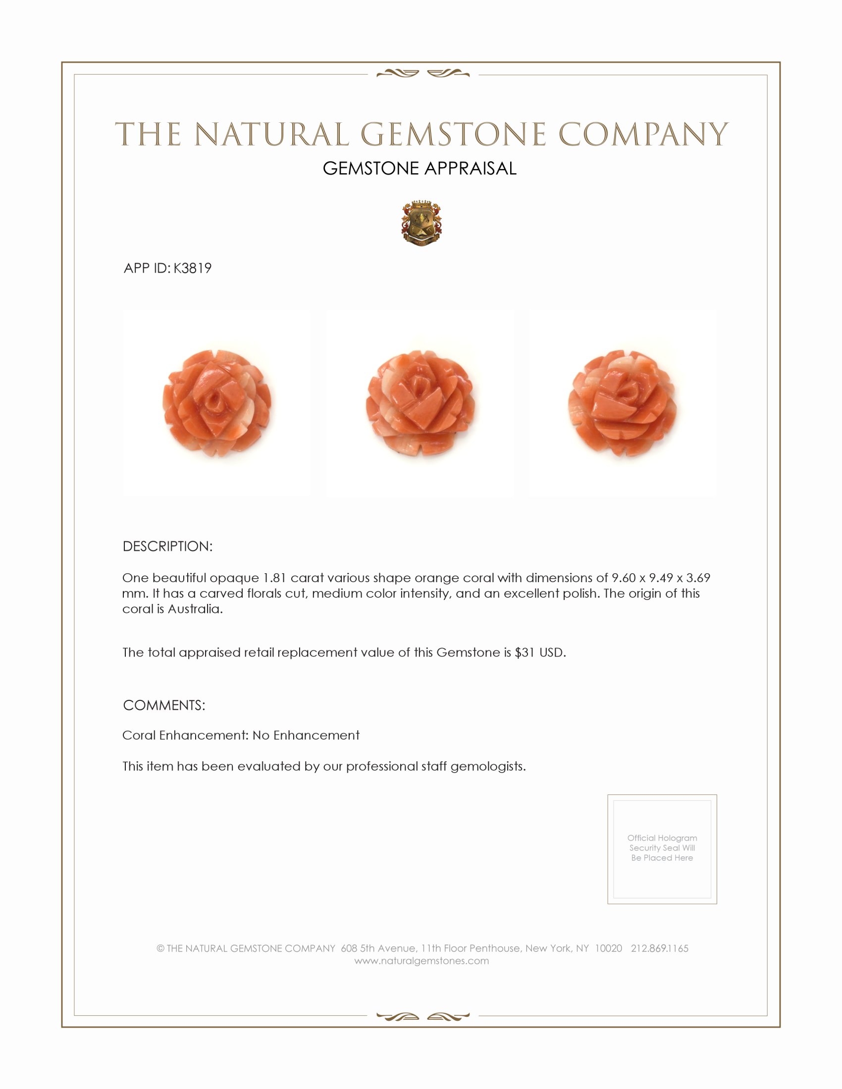 1.81 Ct. Coral from Australia