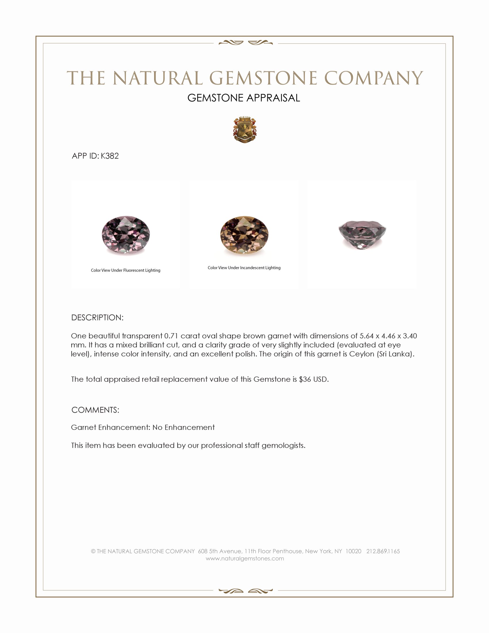 0.71 Ct. Brown Garnet from Ceylon (Sri Lanka)