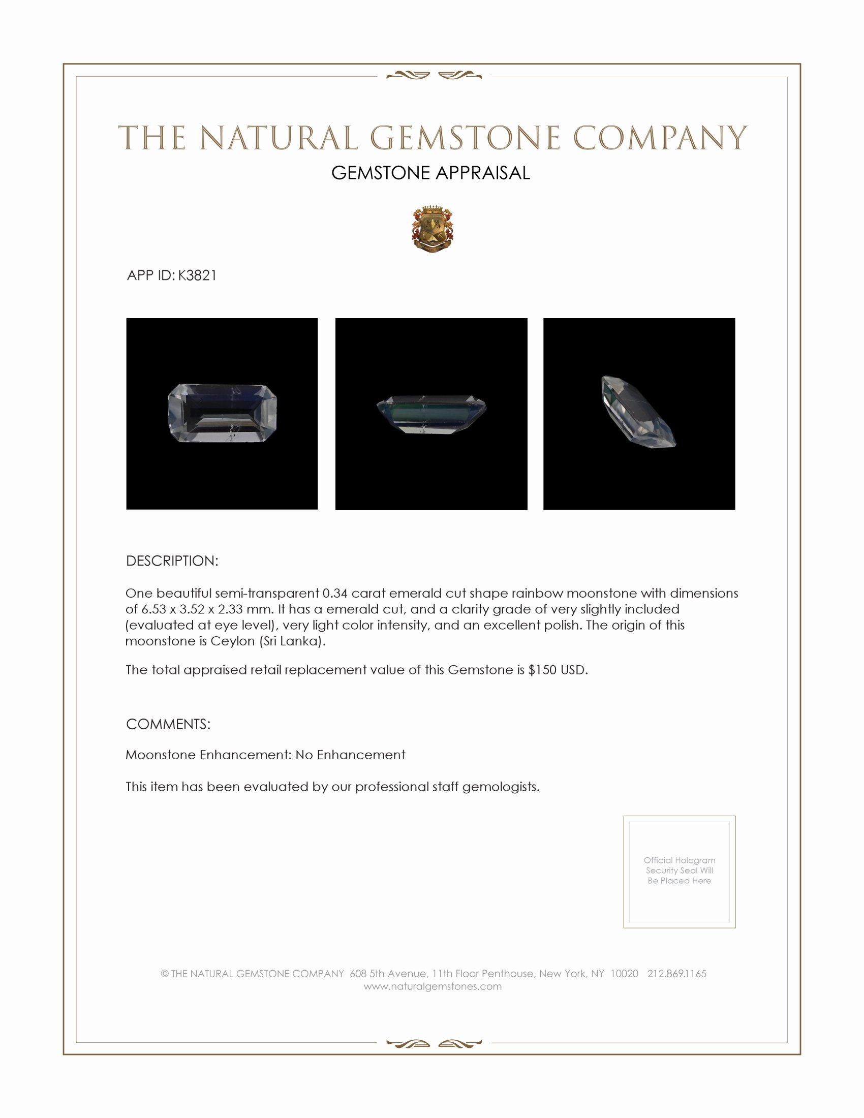 0.34 Ct. Rainbow Moonstone from Ceylon (Sri Lanka)