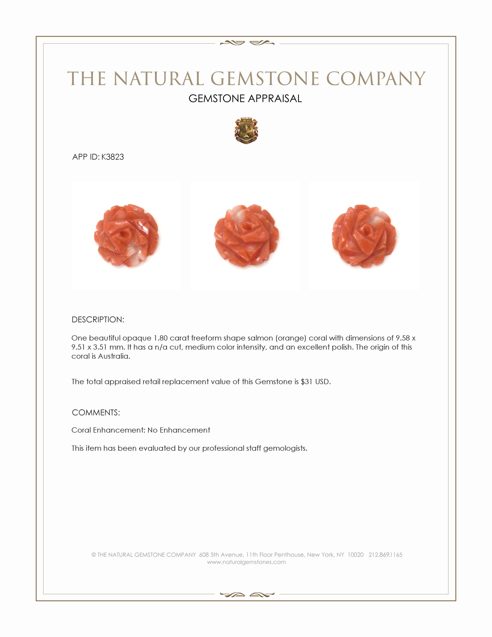 1.80 Ct. Salmon (Orange) Coral from Australia