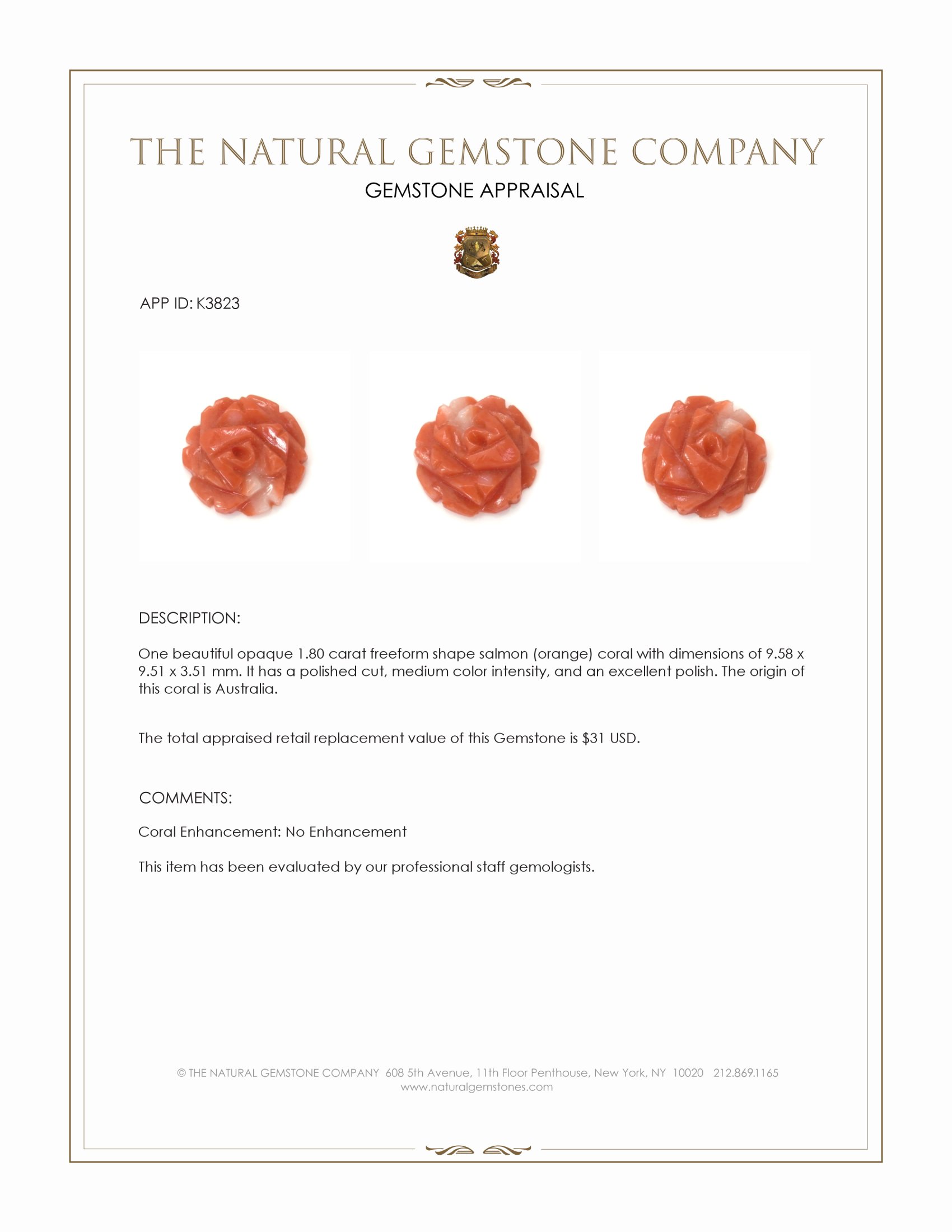 1.80 Ct. Salmon (Orange) Coral from Australia