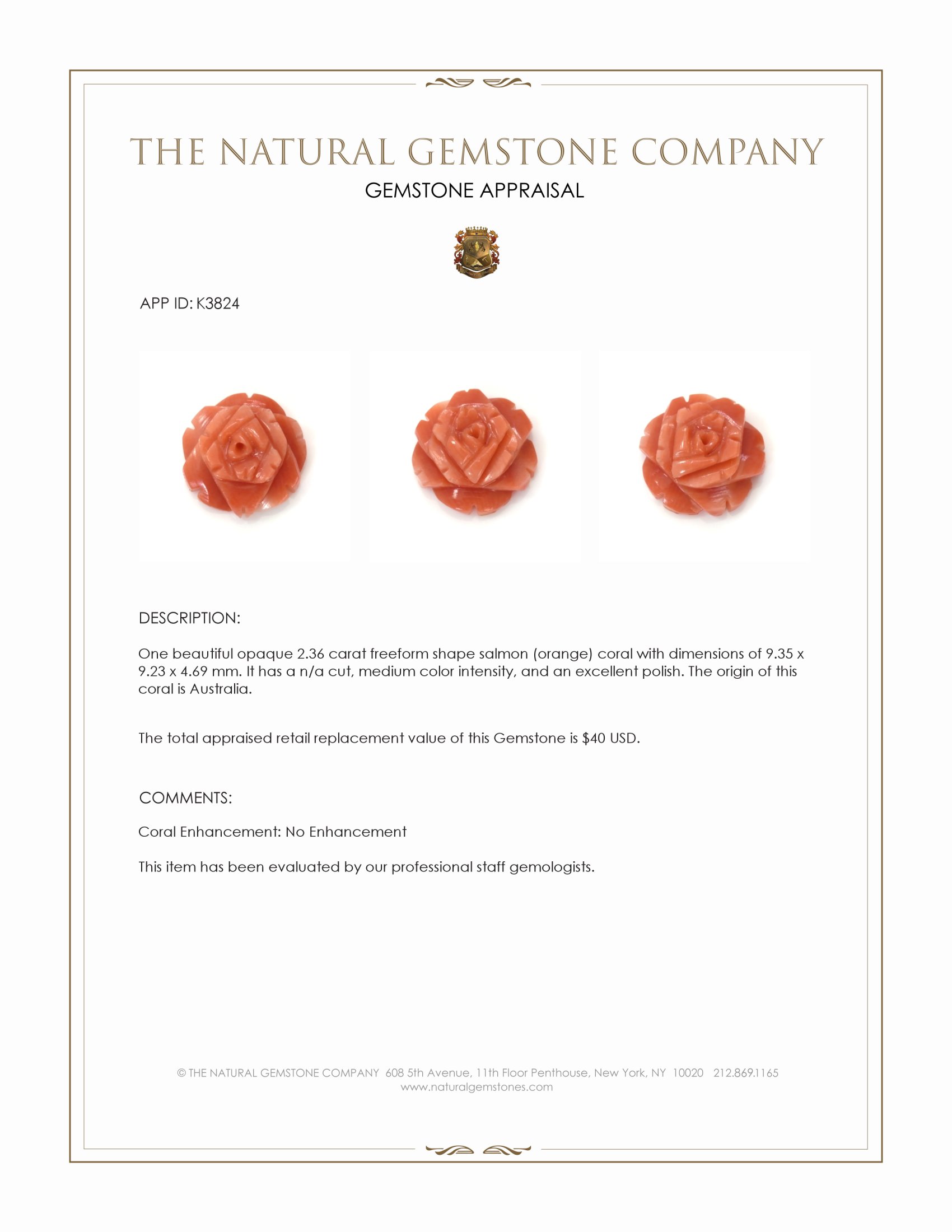 2.36 Ct. Salmon (Orange) Coral from Australia