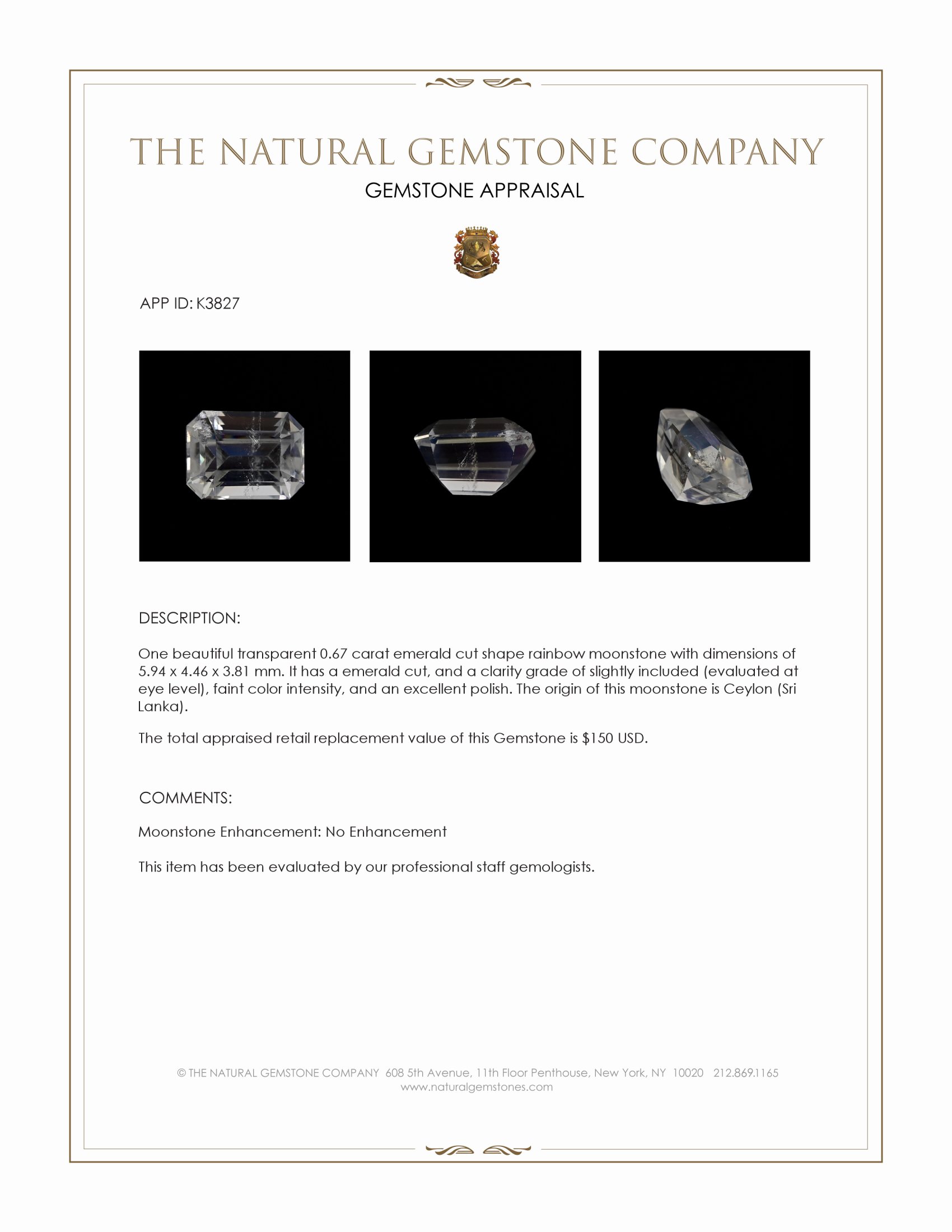 0.67 Ct. Rainbow Moonstone from Ceylon (Sri Lanka)