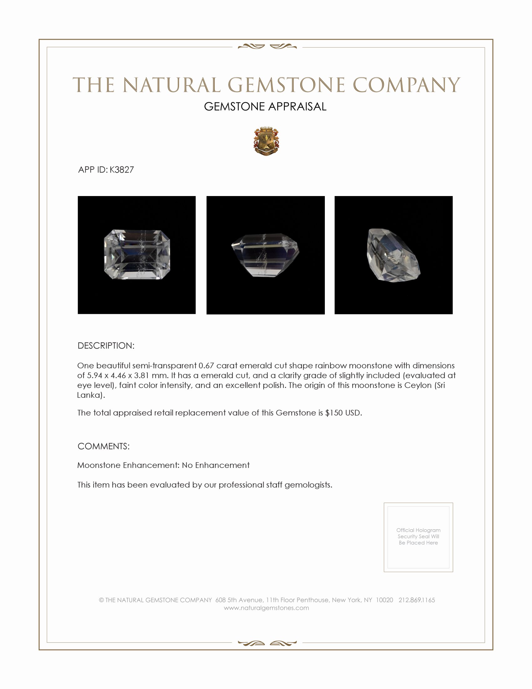 0.67 Ct. Moonstone from Ceylon (Sri Lanka)