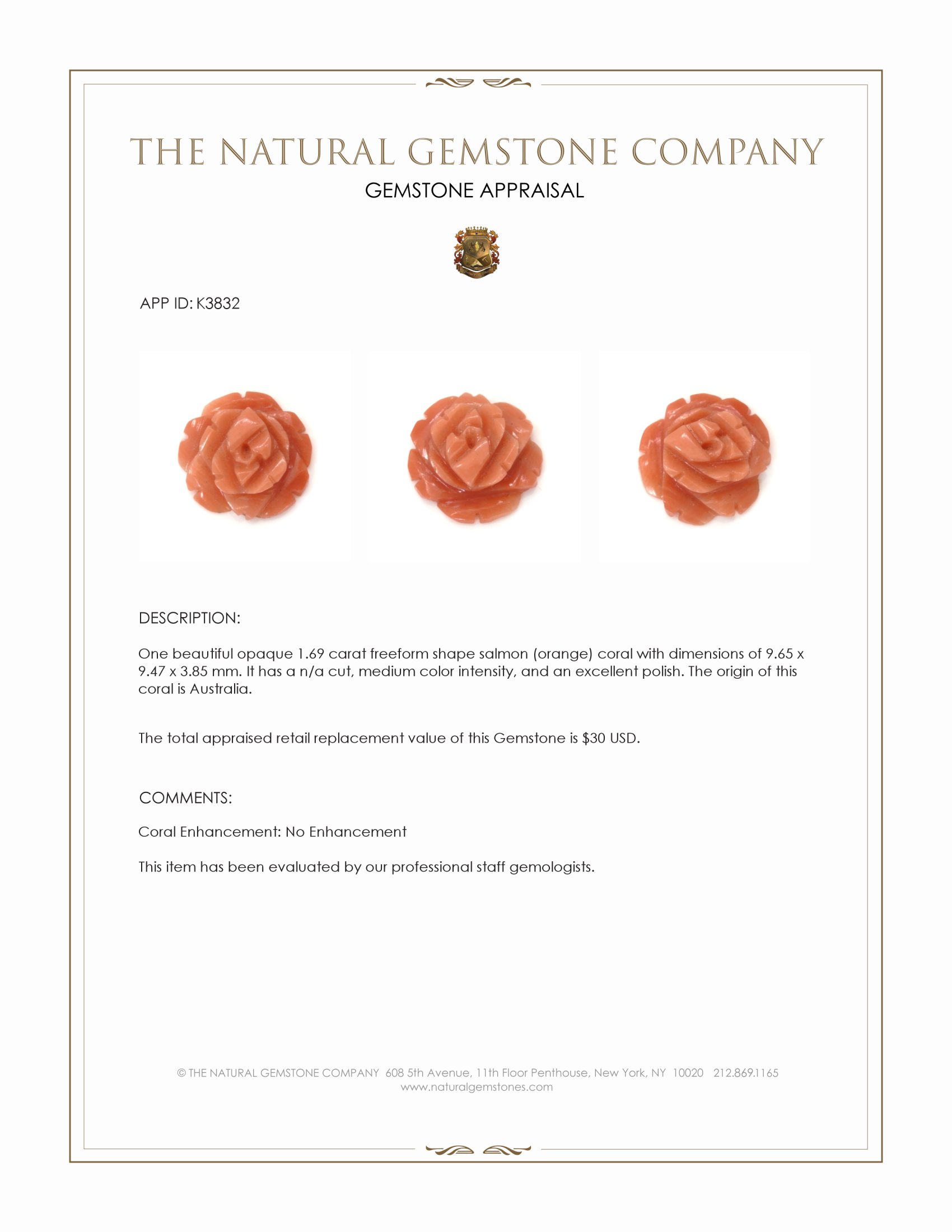 1.69 Ct. Salmon (Orange) Coral from Australia
