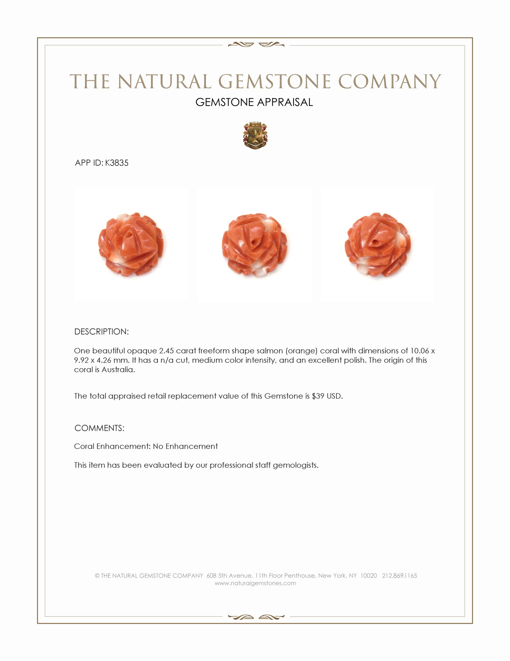 2.45 Ct. Salmon and White Coral from Australia