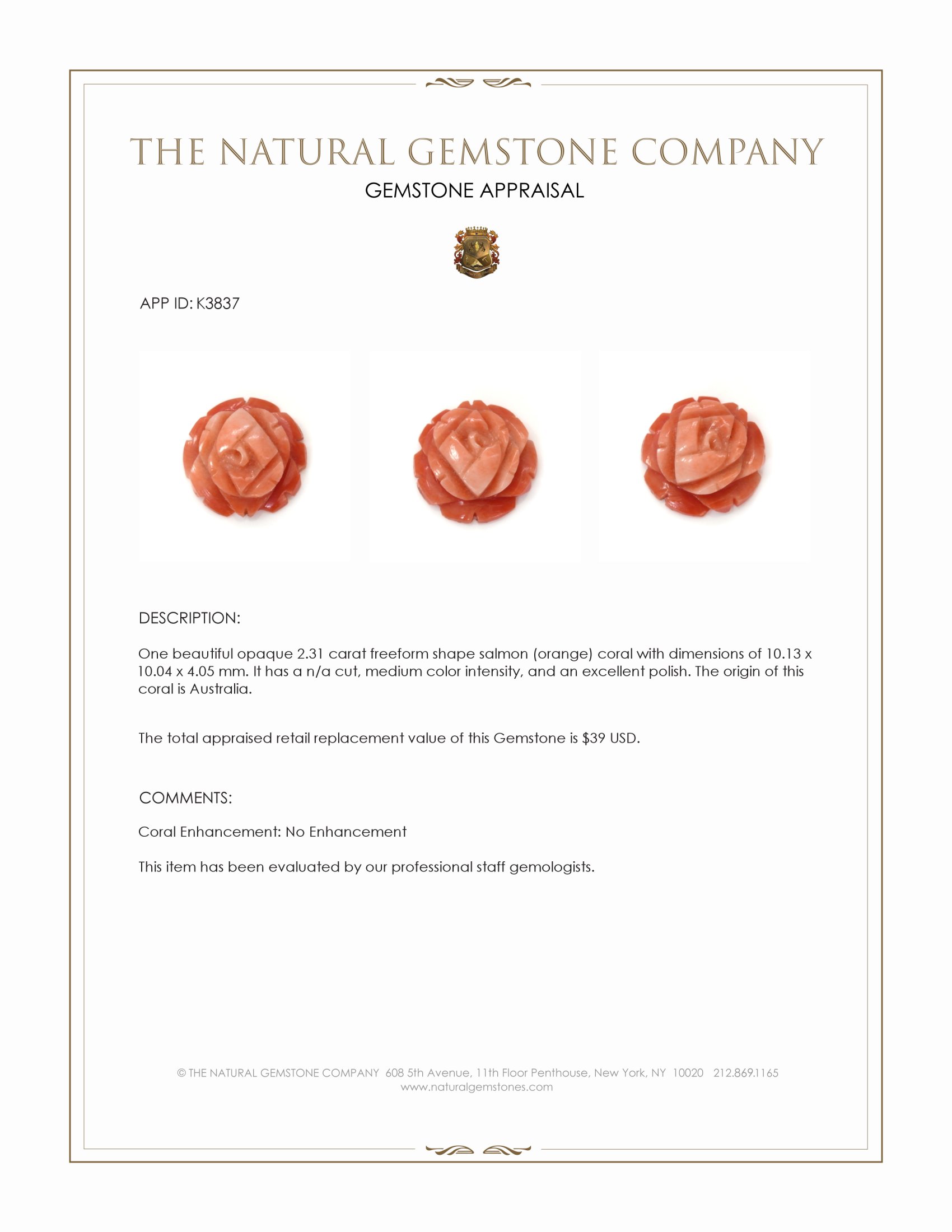 2.31 Ct. Salmon (Orange) Coral from Australia