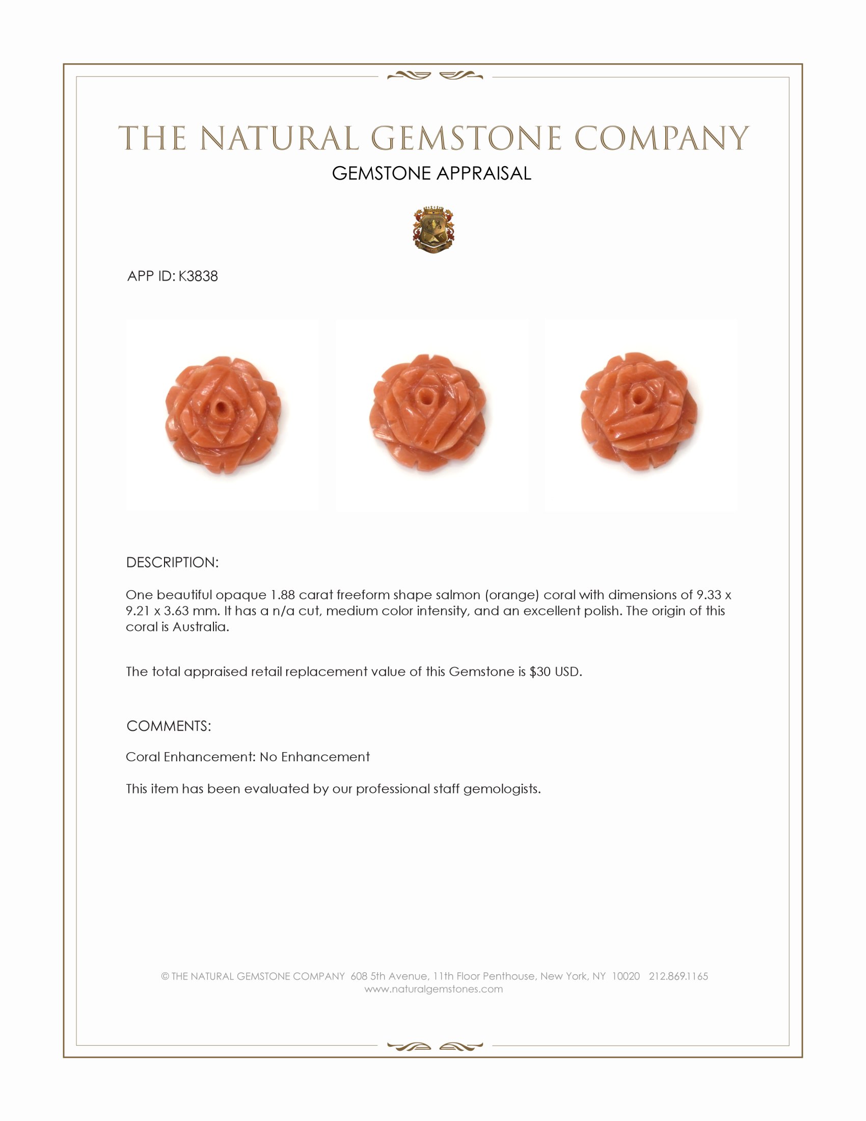 1.88 Ct. Salmon (Orange) Coral from Australia
